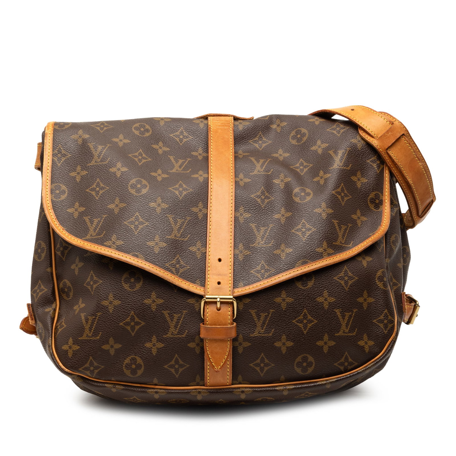 Monogram Canvas Saumur 35 Shoulder Bag with Vachetta Leather Trim: Monogram Canvas Saumur 35 Shoulder Bag with Vachetta Leather Trim The Louis Vuitton Monogram Saumur 35 features the iconic monogram canvas with vachetta leather trim and an adjustable flat vachetta le