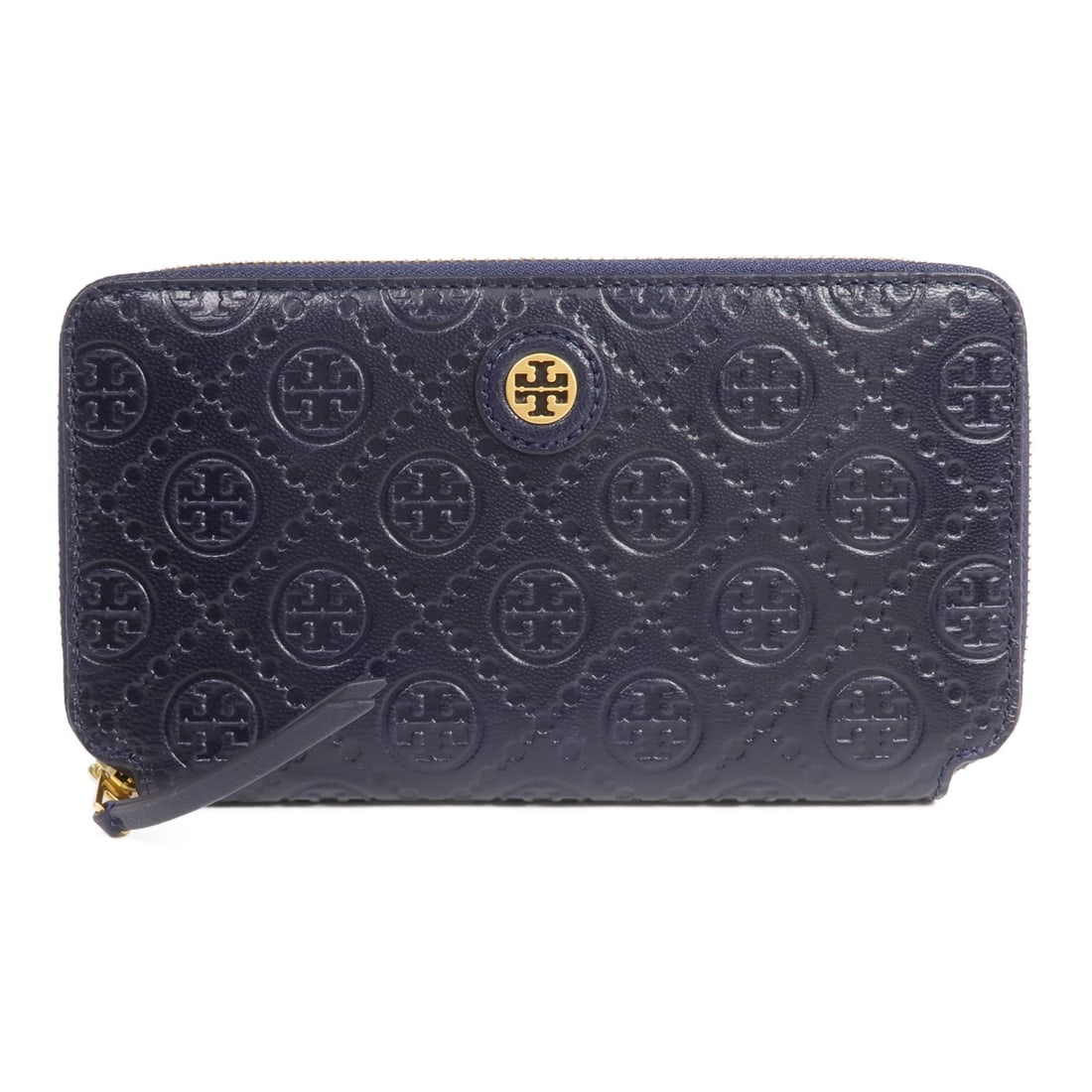 Tory Burch Navy Calfskin Long Bifold Wallet with Gold Hardware: Tory Burch Navy Calfskin Long Bifold Wallet with Gold Hardware This Tory Burch bifold purse is crafted from calfskin leather in a sophisticated navy blue color. Designed for women, it features a long 