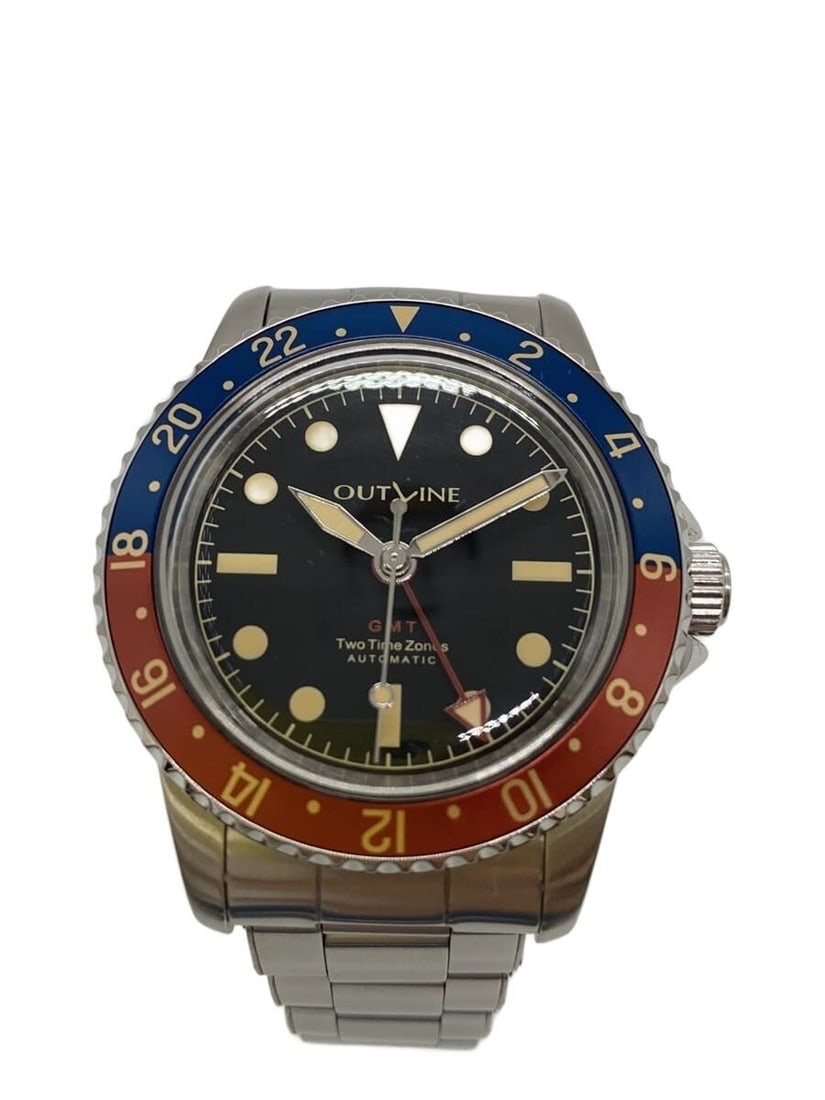 OUTLINE Black Stainless Steel GMT Men's Wristwatch: OUTLINE Black Stainless Steel GMT Men's Wristwatch This OUTLINE GMT men's wristwatch features a black dial and a stainless steel case and band. Made in Japan, it is designed for men and shows slight s