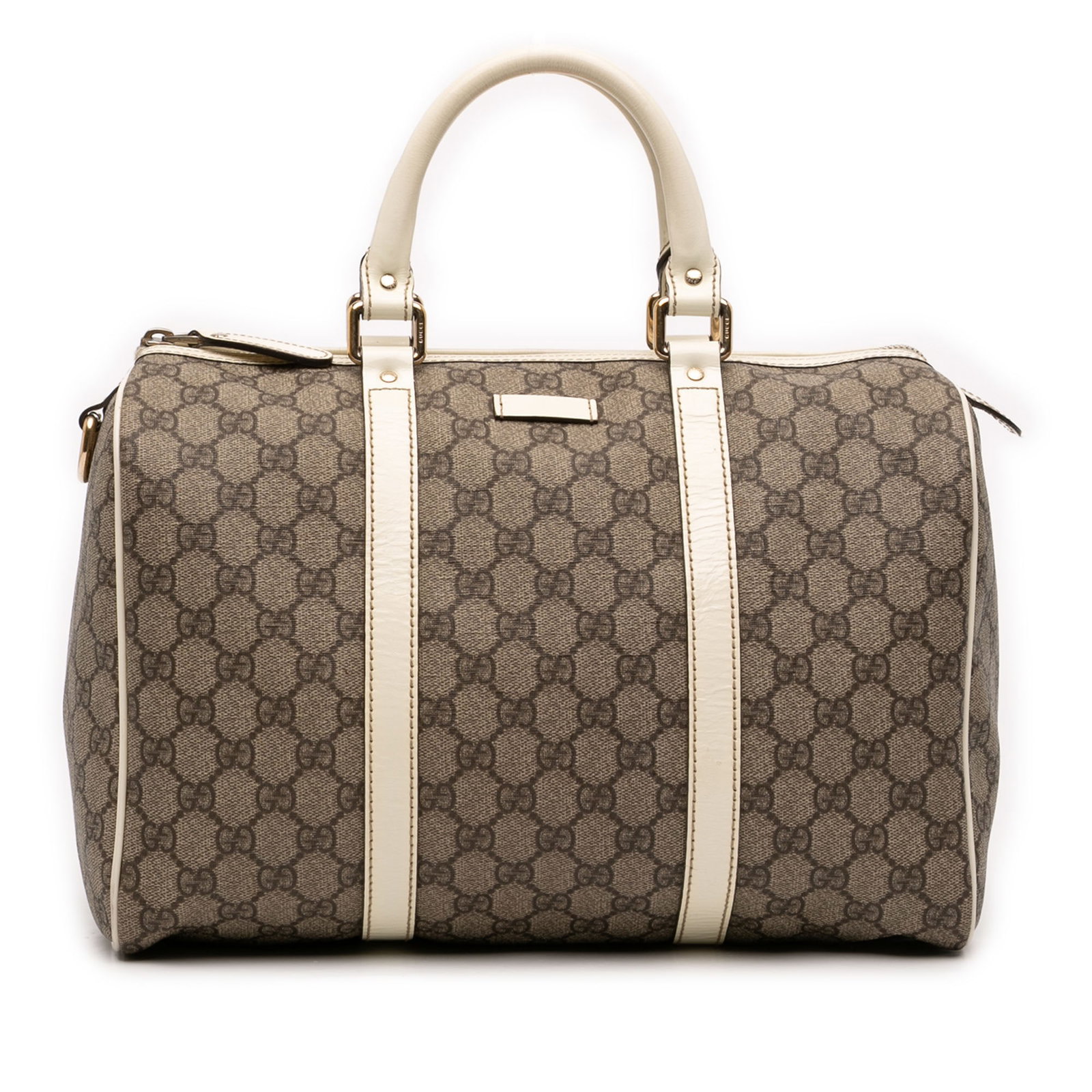 Gucci GG Supreme Joy Medium Boston Handbag with Leather Trim: Gucci GG Supreme Joy Medium Boston Handbag with Leather Trim This Gucci Medium GG Supreme Joy Boston Bag features a beige coated canvas body with leather trim and rolled leather handles. It includes a