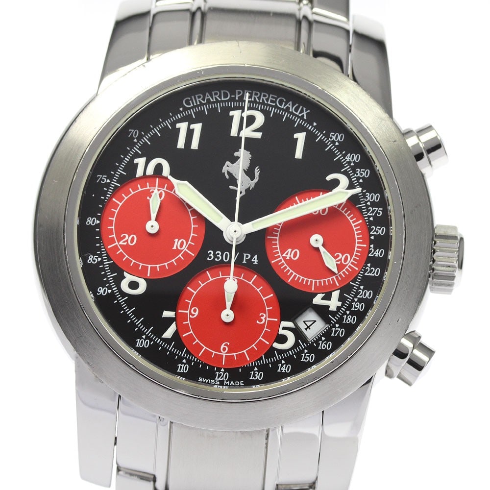Girard Perregaux Ferrari 8028 Automatic Chronograph Watch: Girard Perregaux Ferrari 8028 Automatic Chronograph Watch This Girard Perregaux Ferrari Chronograph men's wristwatch features a stainless steel case and bracelet, paired with a distinctive black and r