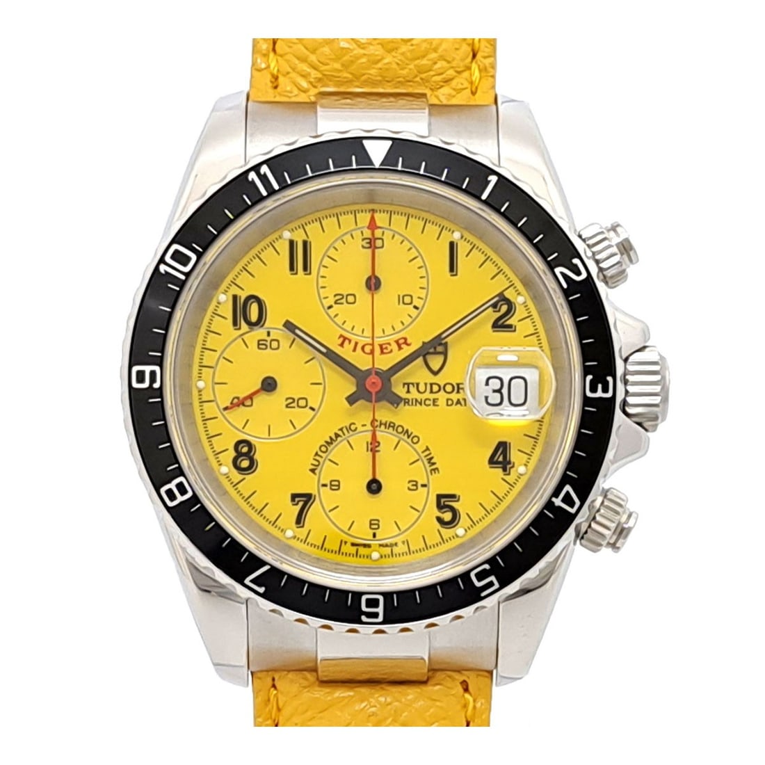 Tudor Chronotime Tiger 79270P Yellow Dial Automatic Watch: Tudor Chronotime Tiger 79270P Yellow Dial Automatic Watch This Tudor Chronotime Tiger wristwatch features a striking yellow dial and has been fully overhauled and serviced by a designated provider. Th