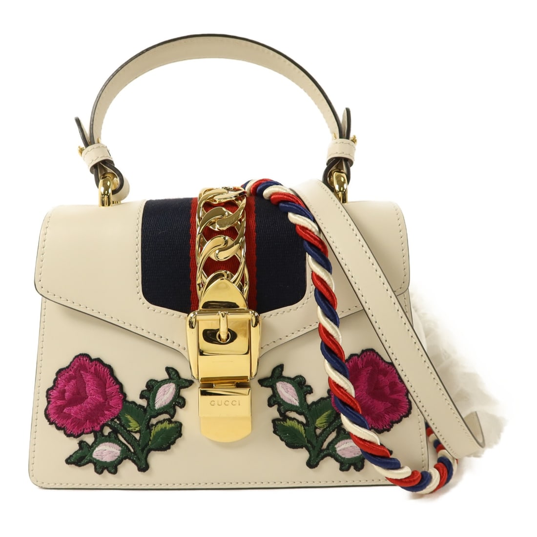 Gucci Sylvie White Calfskin 2-Way Shoulder Bag with Gold Hardware: Gucci Sylvie White Calfskin 2-Way Shoulder Bag with Gold Hardware This Gucci Sylvie 2-way shoulder bag features white calfskin leather and gold-tone hardware. The versatile design allows it to be carr