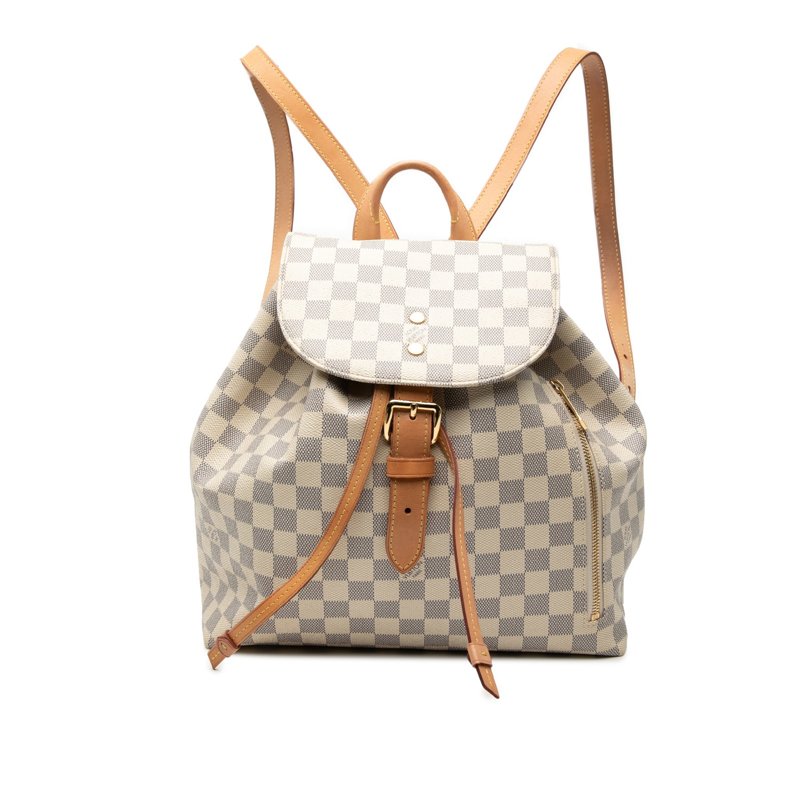 Louis Vuitton Sperone Backpack in Damier Azur Canvas with Leather Trim: Louis Vuitton Sperone Backpack in Damier Azur Canvas with Leather Trim The Louis Vuitton Damier Azur Sperone features a damier canvas body with a rolled vachetta leather top handle and vachetta leathe