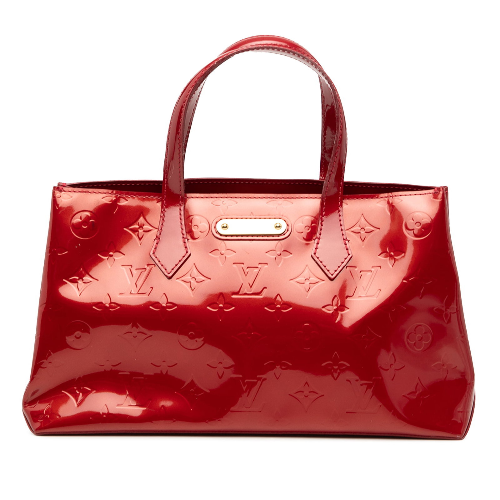 Red Monogram Vernis Wilshire PM Bag by Louis Vuitton: Red Monogram Vernis Wilshire PM Bag by Louis Vuitton The Louis Vuitton Monogram Vernis Wilshire PM features a monogram vernis leather body in red, flat leather handles, an open top with a lobster claw
