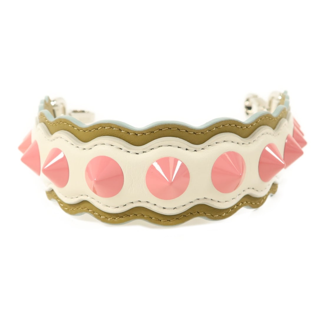 Fendi White Pink Calfskin Leather Hand Strap Silver Tone Hardware: Fendi White Pink Calfskin Leather Hand Strap Silver Tone Hardware This Fendi hand strap is crafted from calfskin leather in a stylish combination of white and pink. Designed for women, it is a versati