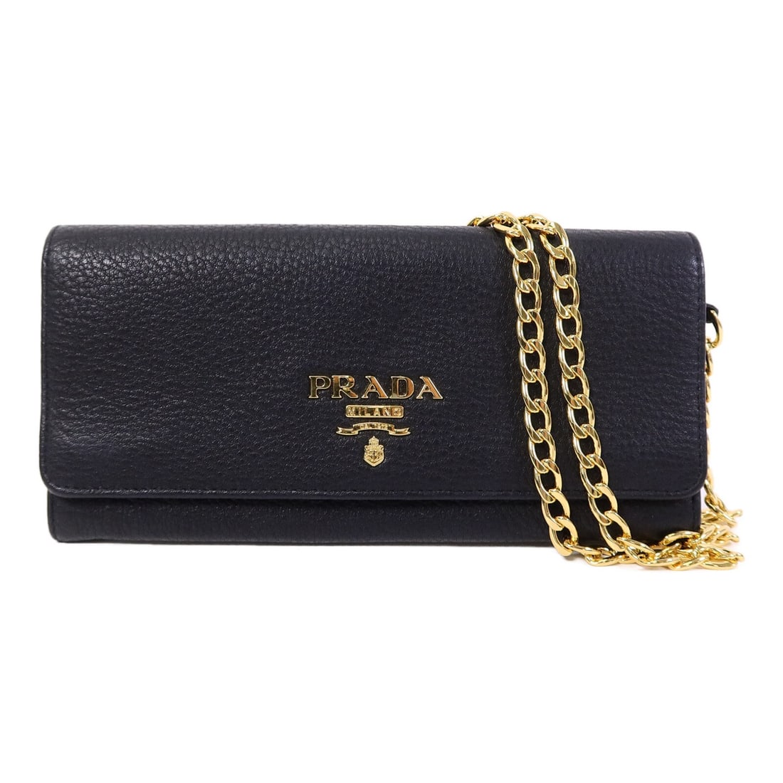 Prada black calfskin chain shoulder bag GHW: Prada black calfskin chain shoulder bag GHW This PRADA shoulder bag features a sleek design crafted from black calfskin leather. It is equipped with a chain shoulder strap and offers a compact profile