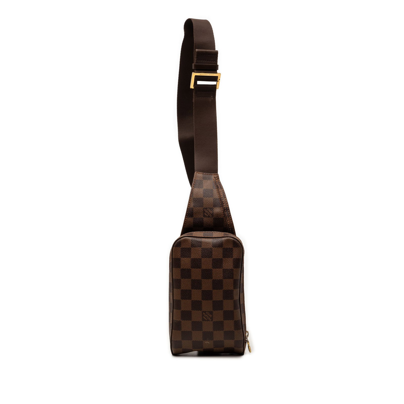 Louis Vuitton Geronimos Damier Ebene Canvas Adjustable Strap Bag: Louis Vuitton Geronimos Damier Ebene Canvas Adjustable Strap Bag The Louis Vuitton Damier Ebene Geronimos features the iconic Damier canvas body in brown with an adjustable flat strap and a top zip cl