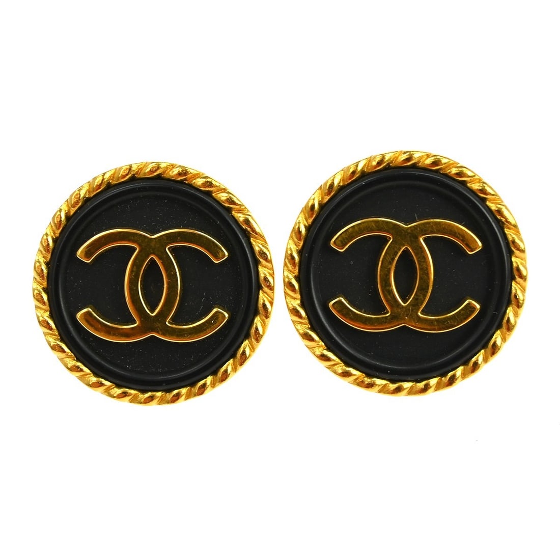 Chanel 97P Gold Plated Black Clip-On Button Earrings: Chanel 97P Gold Plated Black Clip-On Button Earrings These Chanel button earrings feature a round shape with a stylish black and gold color combination. Crafted from gold-plated material, they are des