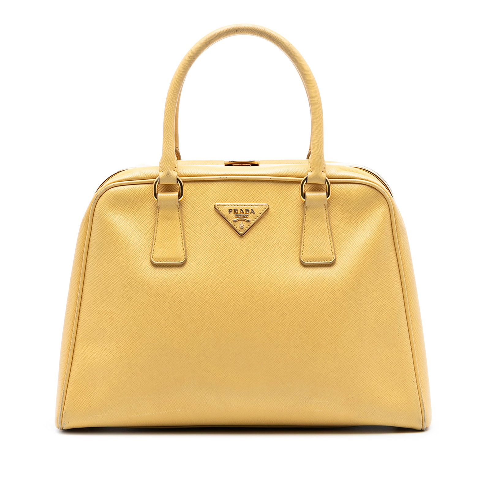 Prada Saffiano Lux Yellow Leather Satchel with Pyramid Frame Design: Prada Saffiano Lux Yellow Leather Satchel with Pyramid Frame Design This Prada Saffiano Lux Pyramid Frame Satchel is crafted from saffiano leather in yellow and features rolled handles, a spring