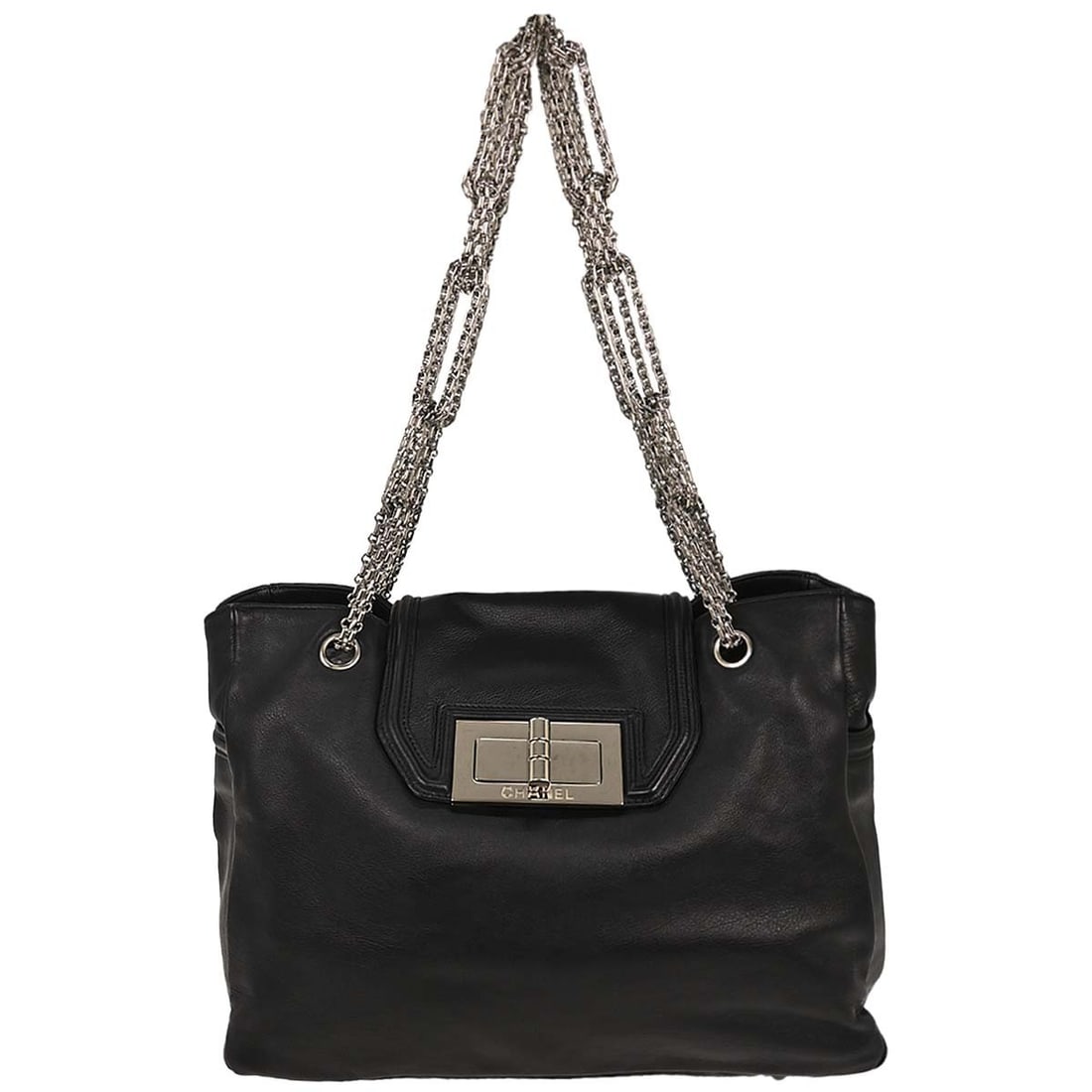 Chanel Black Lambskin Mademoiselle Lock Handbag with Chain Strap: Chanel Black Lambskin Mademoiselle Lock Handbag with Chain Strap Elevate your style with this stunning Chanel Black Lambskin Mademoiselle Lock Handbag. Designed with a luxurious quilted pattern, this