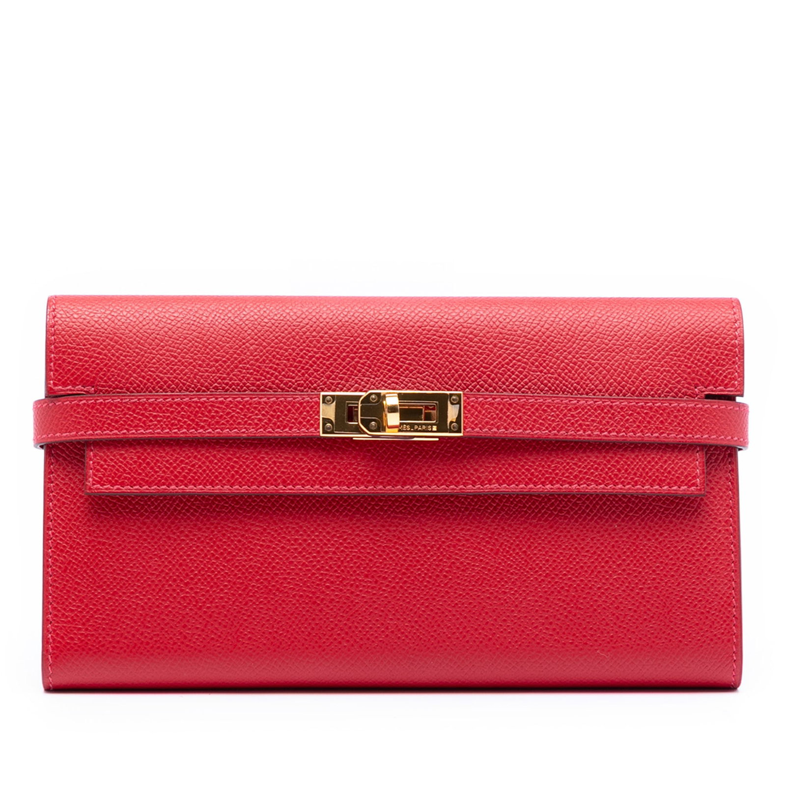 Hermes Kelly Longue Epsom Leather Wallet in Rouge Casaque Red: Hermes Kelly Longue Epsom Leather Wallet in Rouge Casaque Red This Hermes Epsom Kelly Longue Wallet features Rouge Casaque Epsom leather and a front flap with turn lock closure. The interior includes 