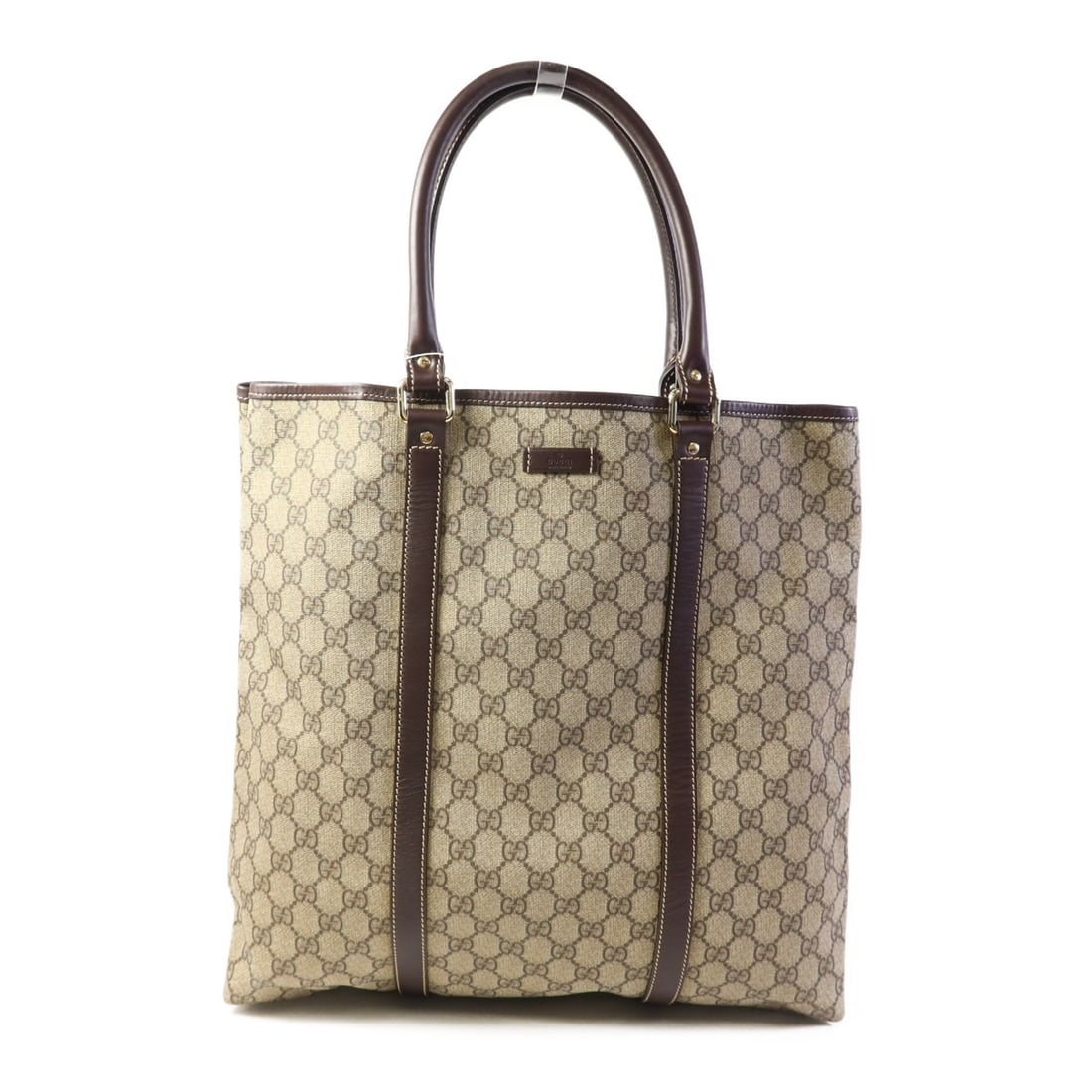 GUCCI GG Tote Bag 223668 Brown PVC Coated Canvas: GUCCI GG Tote Bag 223668 Brown PVC Coated Canvas Elevate your style with this GUCCI GG Tote Bag, expertly crafted from durable PVC coated canvas in a rich brown hue. This tote bag features a spacious 