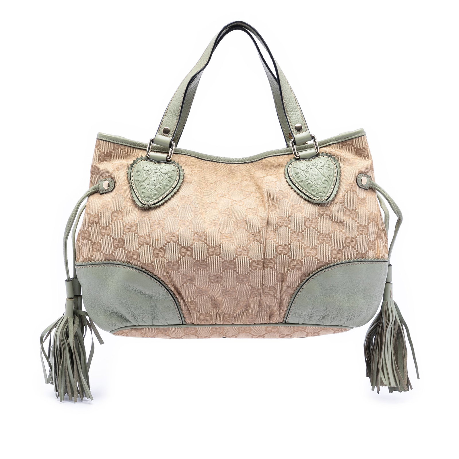 Gucci Tribeca Tote Small GG Canvas with Leather Trim Beige: Gucci Tribeca Tote Small GG Canvas with Leather Trim Beige This Gucci Small GG Canvas Tribeca Tote features a canvas body with leather trim and side tassel details. It has flat leather straps, an open