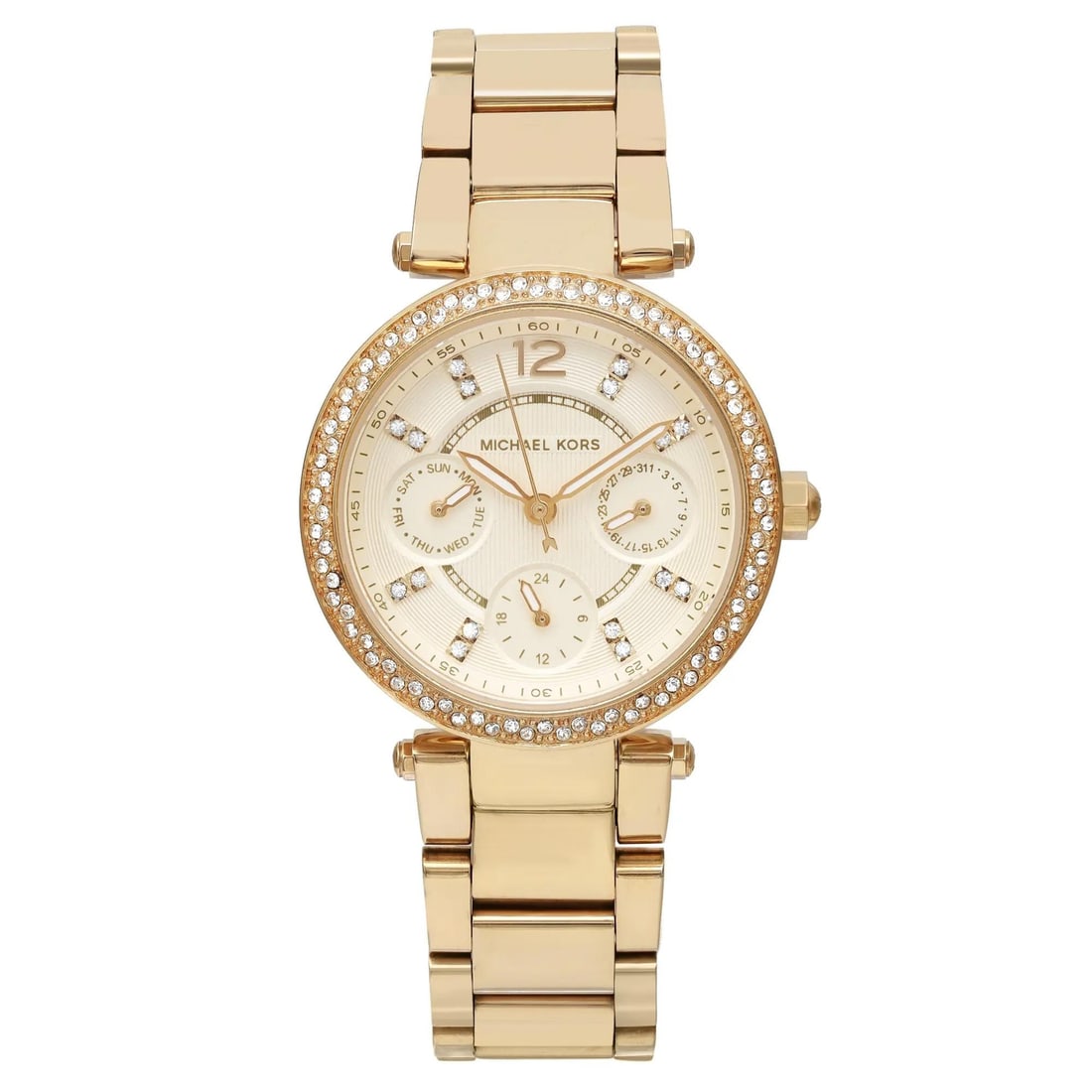 Michael Kors Mini Parker Gold-Tone Ladies Watch MK6056 Champagne Dial Bracelet: Michael Kors Mini Parker Gold-Tone Ladies Watch MK6056 Champagne Dial Bracelet Elevate your style with the Michael Kors Mini Parker Ladies Watch, featuring a stunning champagne dial and an elegant gol