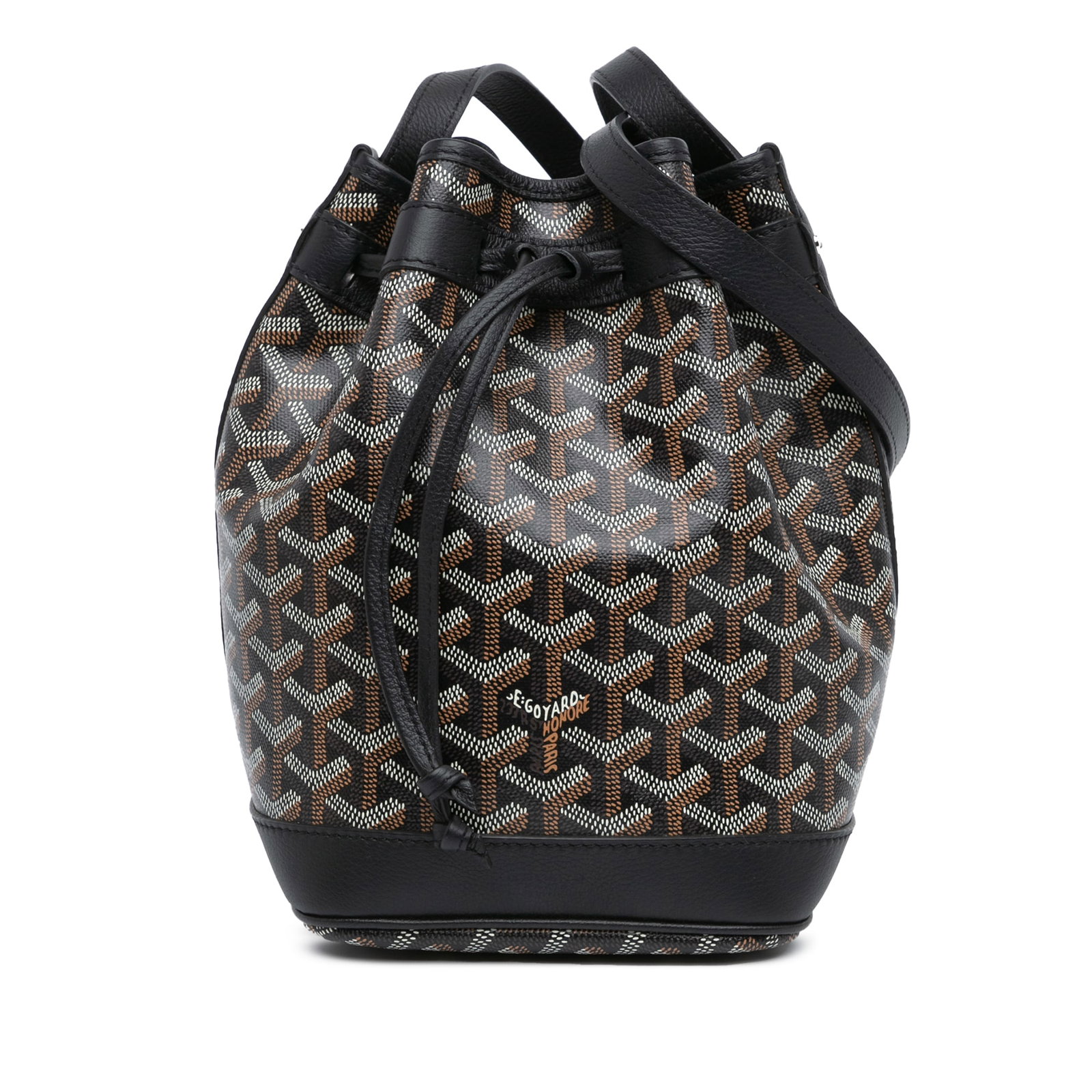 Goyard Goyardine Petit Flot Black Coated Canvas Bucket Bag with Leather Trim: Goyard Goyardine Petit Flot Black Coated Canvas Bucket Bag with Leather Trim The Goyardine Petit Flot bucket bag features a coated canvas body with leather trim, a flat leather strap, and an open top 