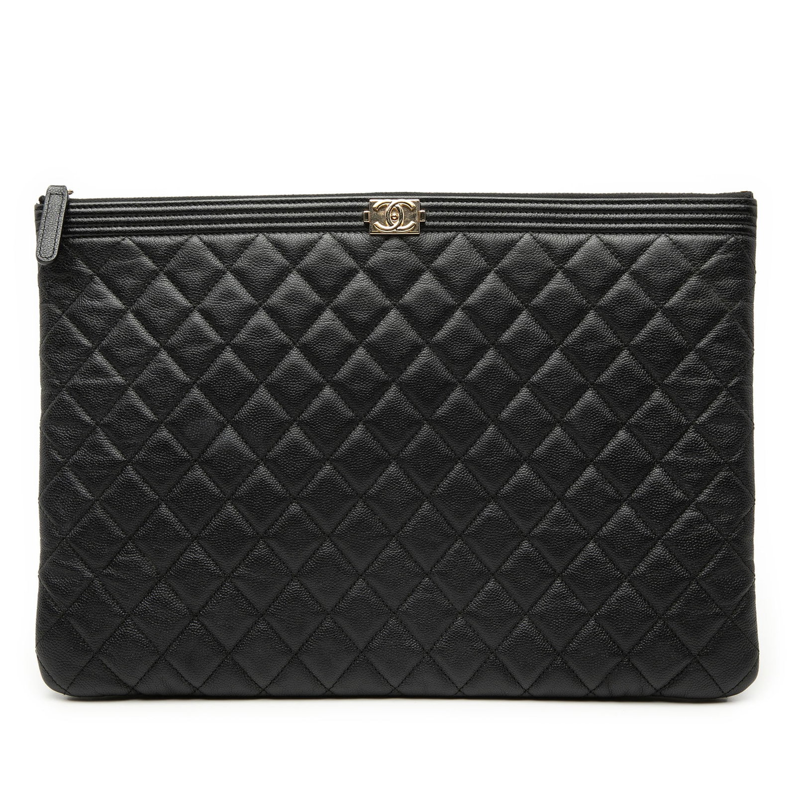 Black Quilted Leather Boy O Case Clutch by Chanel: Black Quilted Leather Boy O Case Clutch by Chanel This Chanel Large Quilted Caviar Boy O Case Clutch features a quilted caviar leather exterior in black with a top zip closure. The clutch shows some s