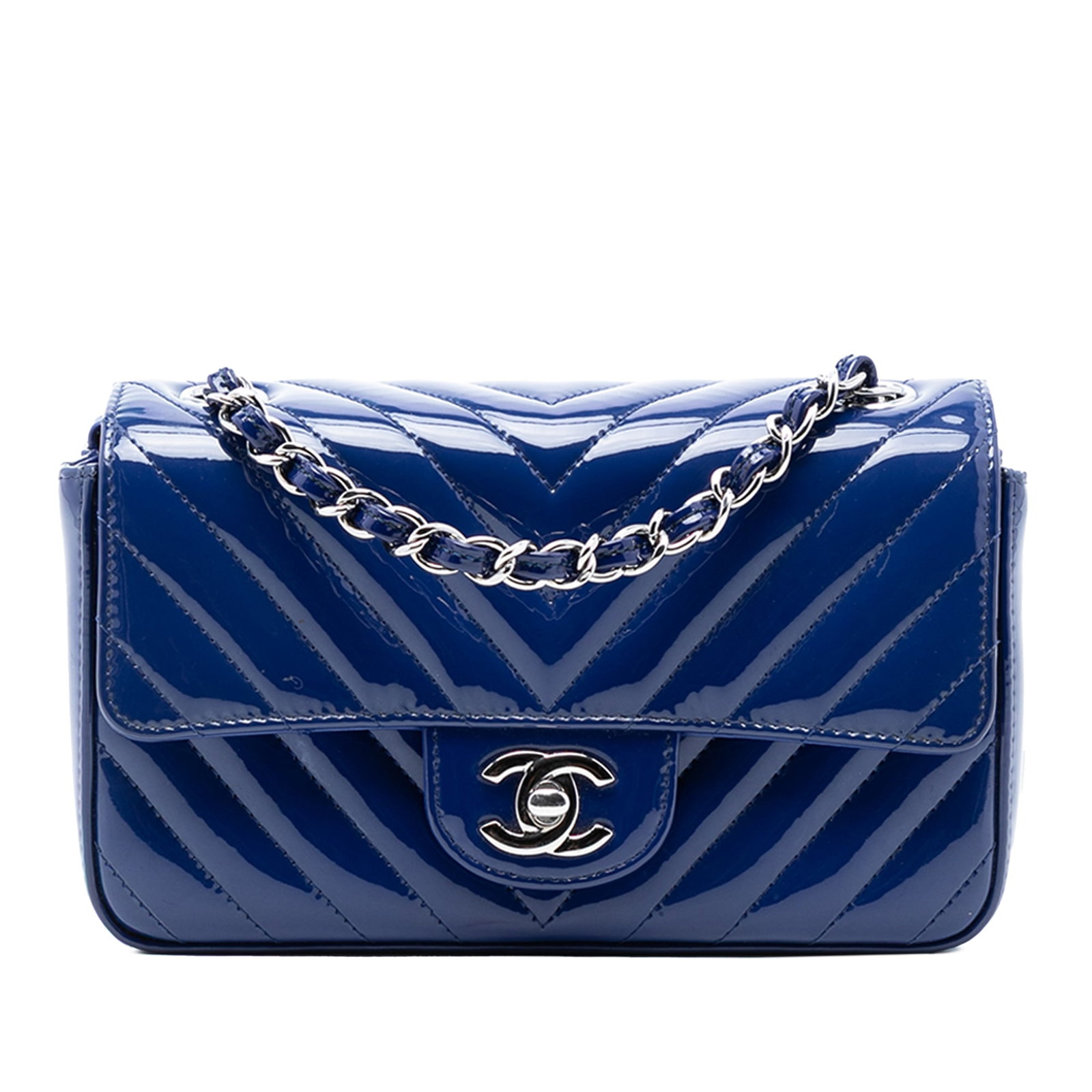 Chanel Blue Patent Leather Chevron Mini Rectangular Crossbody Bag: Chanel Blue Patent Leather Chevron Mini Rectangular Crossbody Bag This Chanel Mini Rectangular Classic Chevron Patent Single Flap crossbody bag features a quilted patent leather exterior in blue, a le