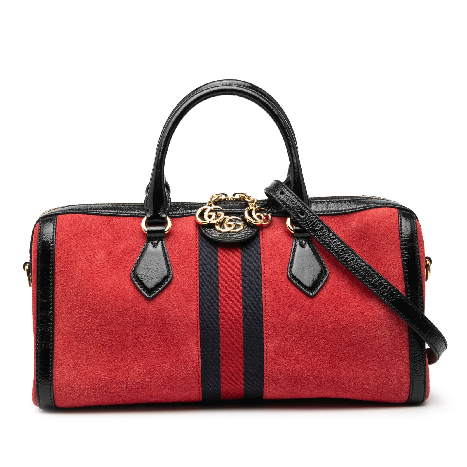 Gucci Ophidia Medium Red Suede and Leather Top Handle Satchel Bag: Gucci Ophidia Medium Red Suede and Leather Top Handle Satchel Bag This Gucci Medium Suede Web Ophidia Top Handle Bag features a coated canvas body with leather trim, rolled leather handles, a detachab