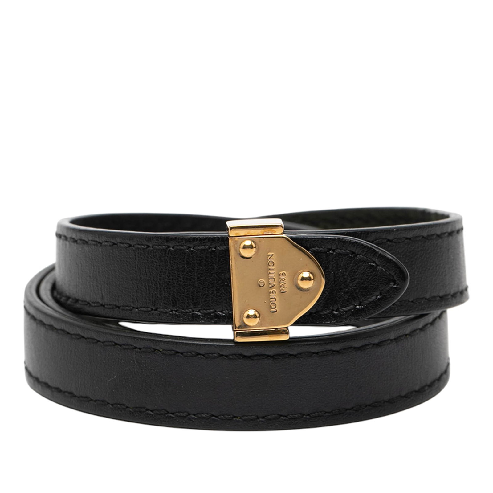 Louis Vuitton Black Leather Wrap Bracelet with Gold Tone Closure: Louis Vuitton Black Leather Wrap Bracelet with Gold Tone Closure This Louis Vuitton wrap bracelet features a black leather body complemented by a gold tone metal closure. Made in Spain, it is categori