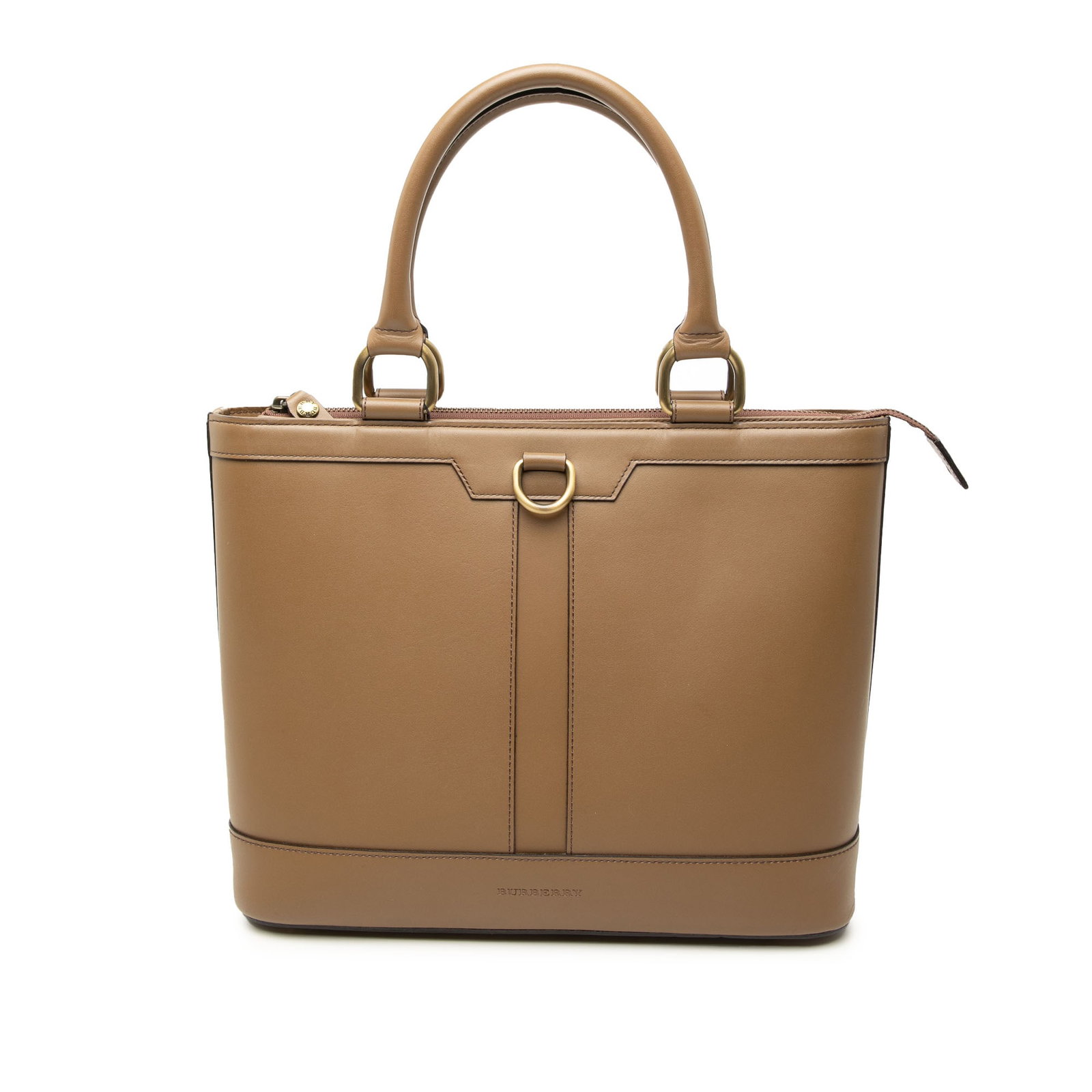 Brown Leather Tote Bag by Burberry with Rolled Handles: Brown Leather Tote Bag by Burberry with Rolled Handles This Burberry tote bag features a brown leather body with rolled leather handles, a top zip closure, and both interior zip and slip pockets. The 