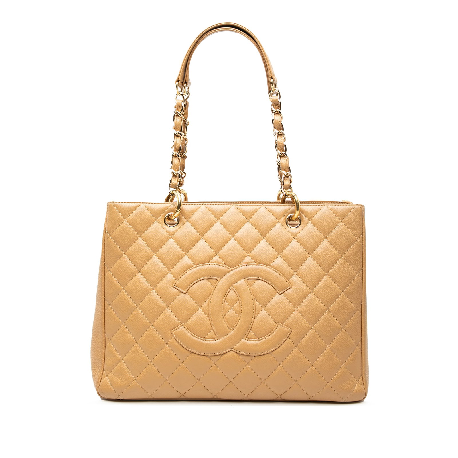 Chanel Beige Caviar Leather Grand Shopping Tote Bag with Chain Handles: Chanel Beige Caviar Leather Grand Shopping Tote Bag with Chain Handles This Chanel Grand Shopping Tote is crafted from caviar leather in beige and features an exterior back slip pocket, curb chain han
