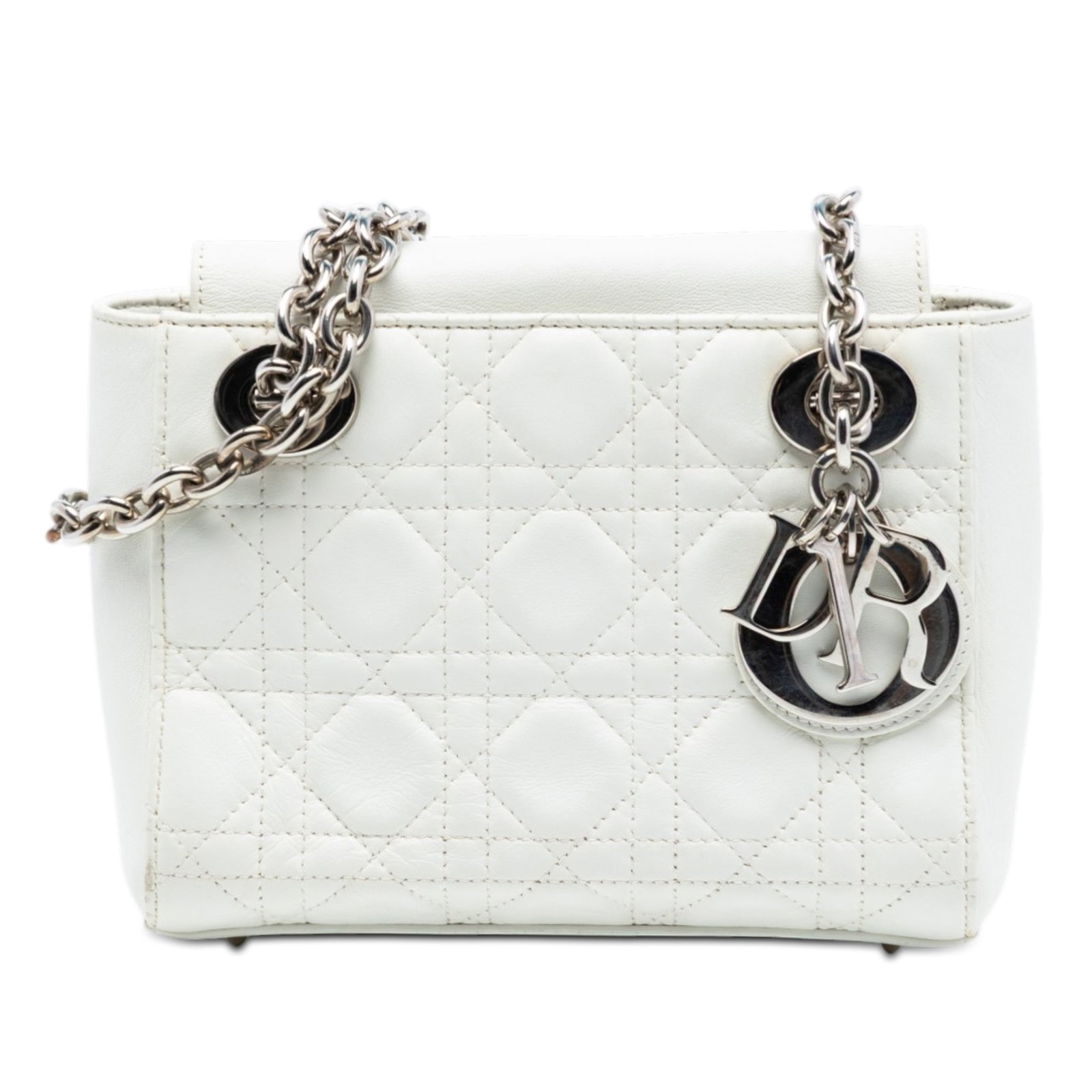 White Quilted Lambskin Lady Dior Shoulder Bag with Double Chain Strap: White Quilted Lambskin Lady Dior Shoulder Bag with Double Chain Strap This Dior Lambskin Cannage Lady Dior Double Chain Bag features a quilted lambskin leather exterior in white, complemented by chain