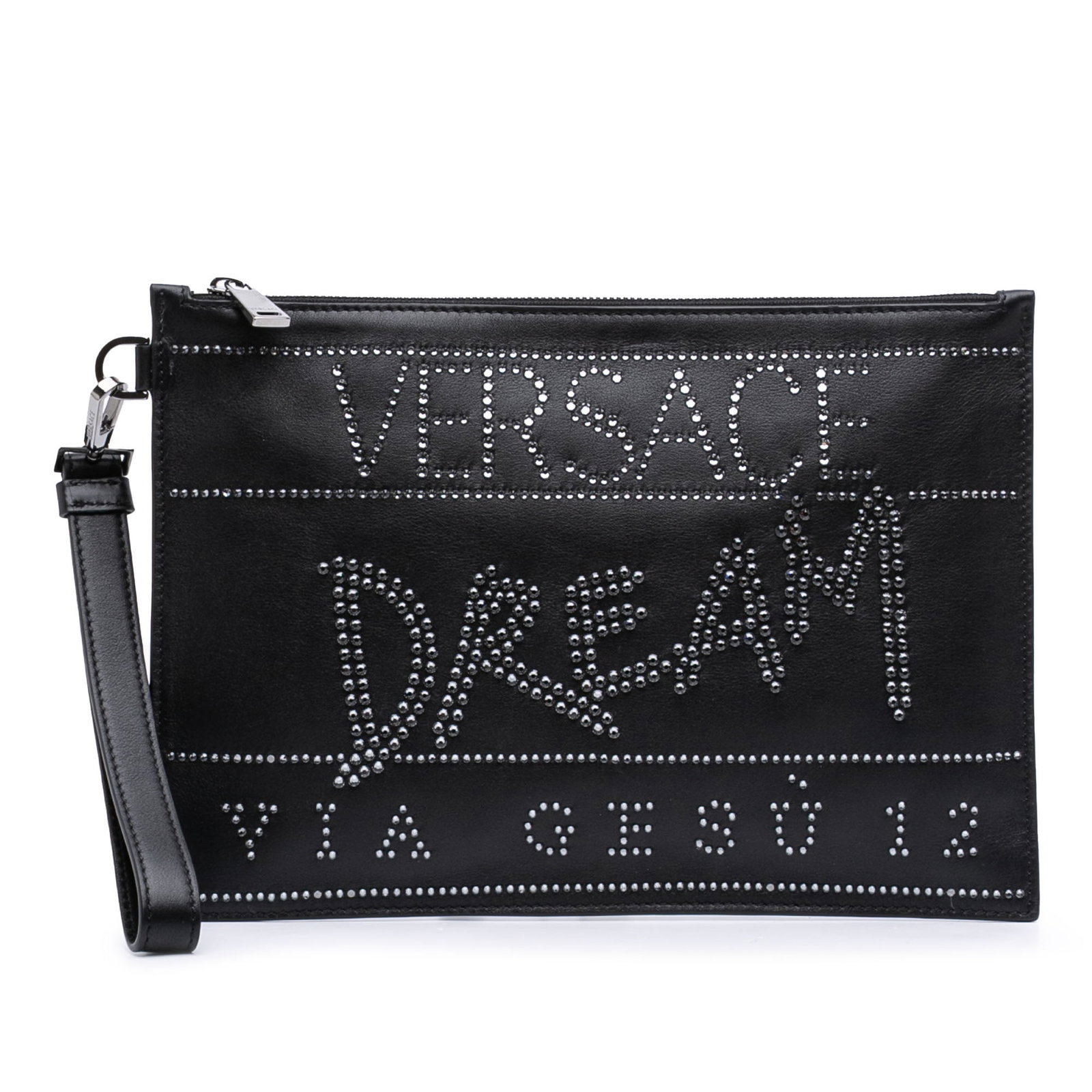 Crystal Embellished Black Leather Clutch Bag by Versace with Wrist Strap: Crystal Embellished Black Leather Clutch Bag by Versace with Wrist Strap This Versace clutch features a black leather body adorned with crystal embellishments. It is designed with a detachable flat le