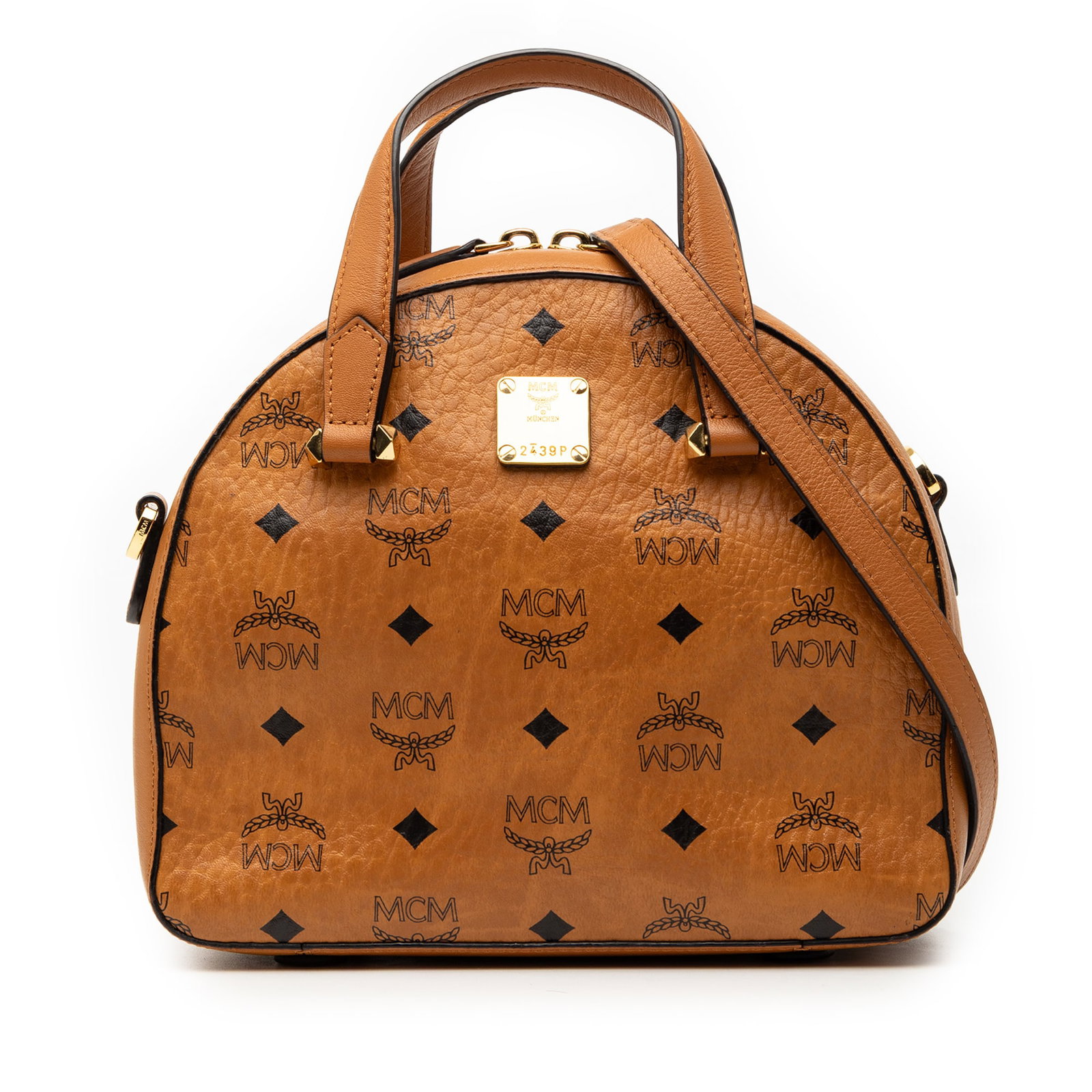 MCM Visetos Essential Disco Brown Coated Canvas Satchel with Strap: MCM Visetos Essential Disco Brown Coated Canvas Satchel with Strap This satchel showcases a coated canvas body with flat leather top handles and a detachable flat shoulder strap. It features two-way z