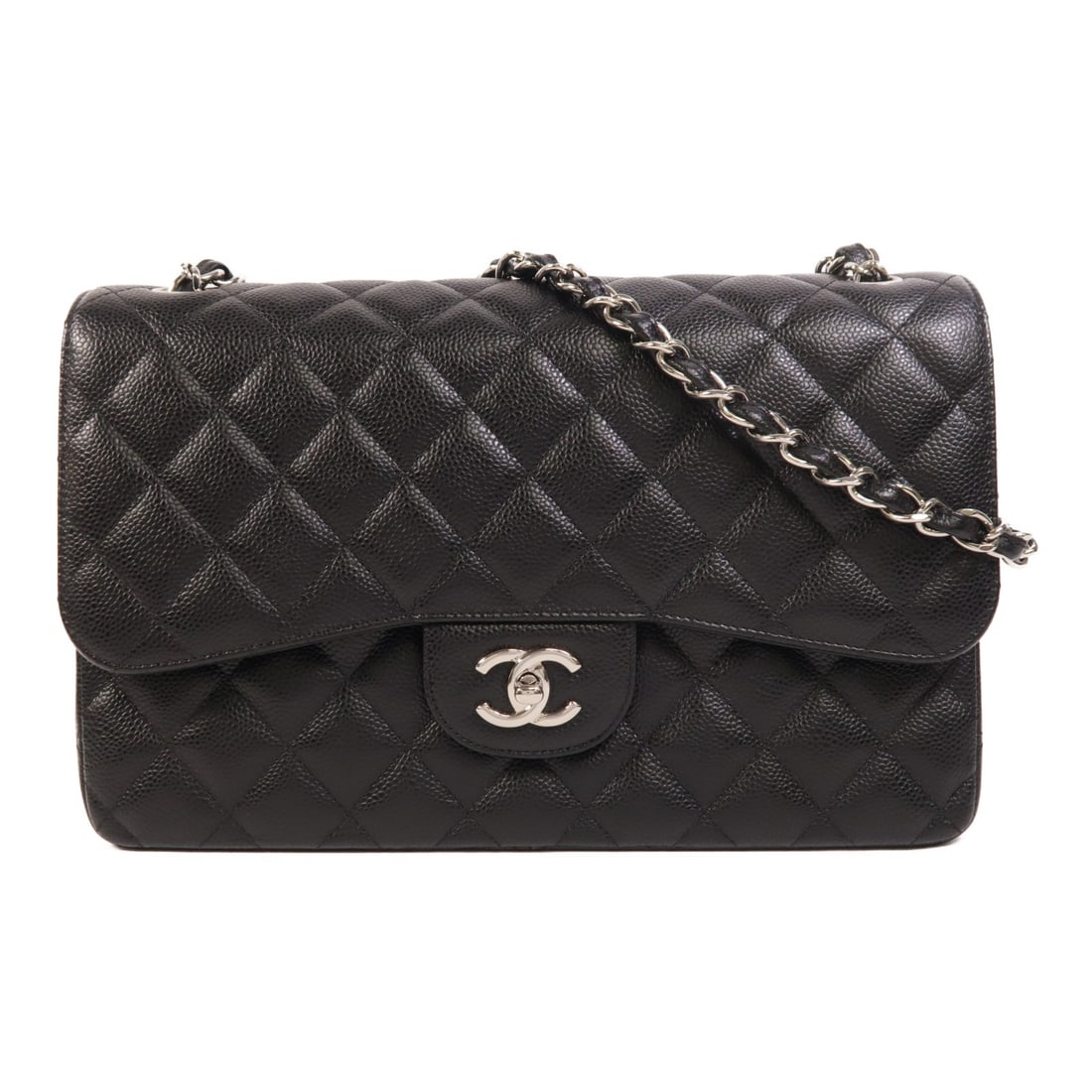 Large Black Calfskin Chain Shoulder Bag Chanel Classic CC Silver Hardware: Large Black Calfskin Chain Shoulder Bag Chanel Classic CC Silver Hardware This CHANEL Large Classic Chain Shoulder Bag features black calfskin leather with silver-tone hardware and the iconic CC logo.