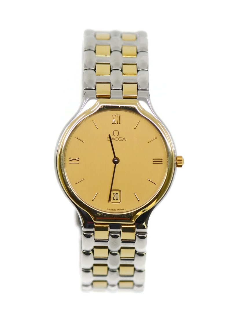 Omega De Ville Two Tone Quartz Watch with Gold Dial and Box: Omega De Ville Two Tone Quartz Watch with Gold Dial and Box This exquisite Omega DeVille wristwatch features a stunning two-tone design that combines elegance with durability. The watch is powered by 