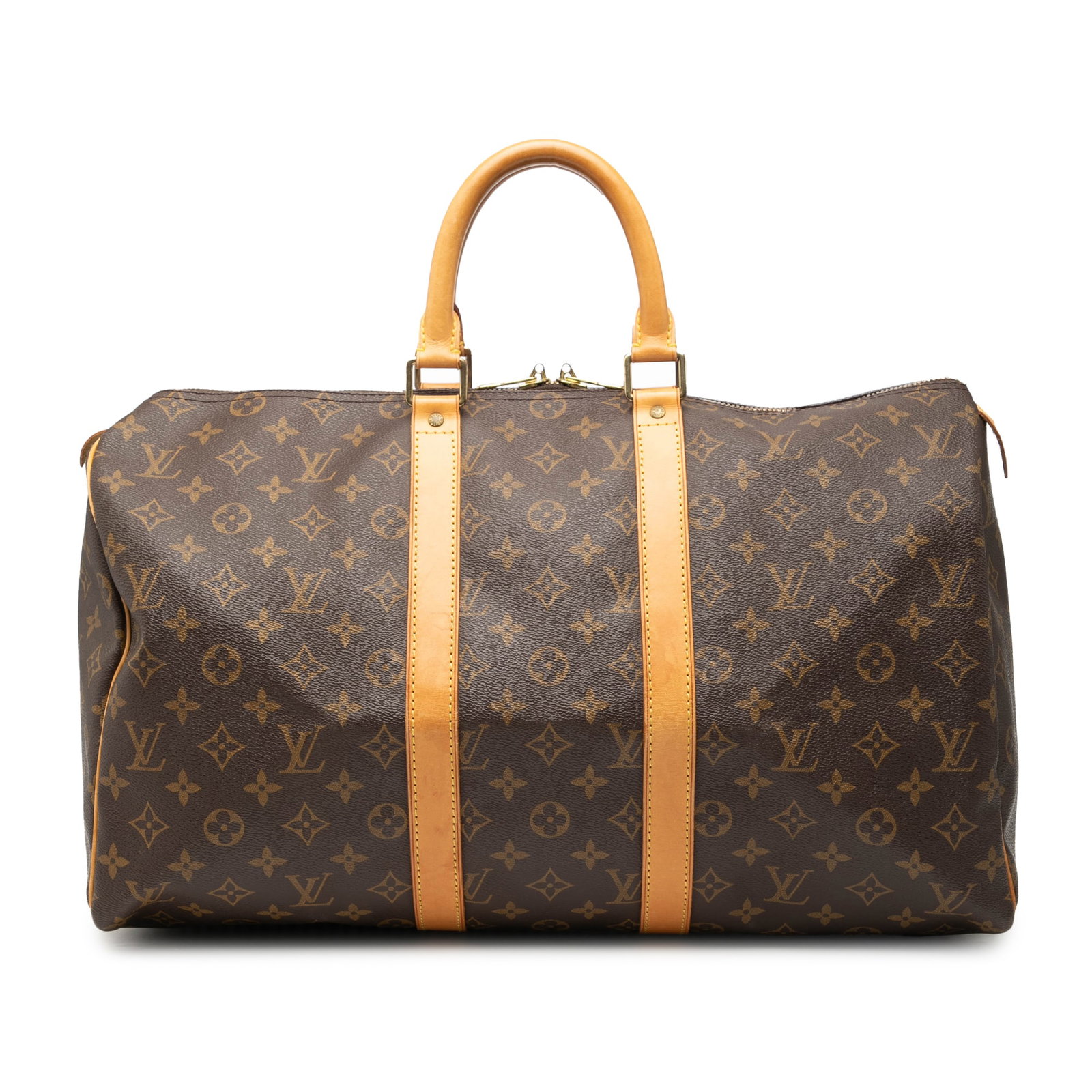 Louis Vuitton Keepall 45 Monogram Canvas Travel Bag with Leather Handles: Louis Vuitton Keepall 45 Monogram Canvas Travel Bag with Leather Handles The Louis Vuitton Monogram Keepall 45 is crafted with the iconic monogram canvas and features rolled vachetta leather handles a