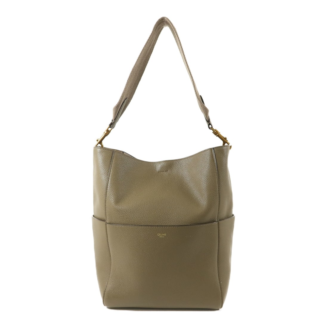 CELINE Sangle Bucket Shoulder Bag Calfskin Leather Gray GHW: CELINE Sangle Bucket Shoulder Bag Calfskin Leather Gray GHW This CELINE Sangle bucket bag is crafted from high-quality calfskin leather and features a classic shoulder bag design. The exterior comes i