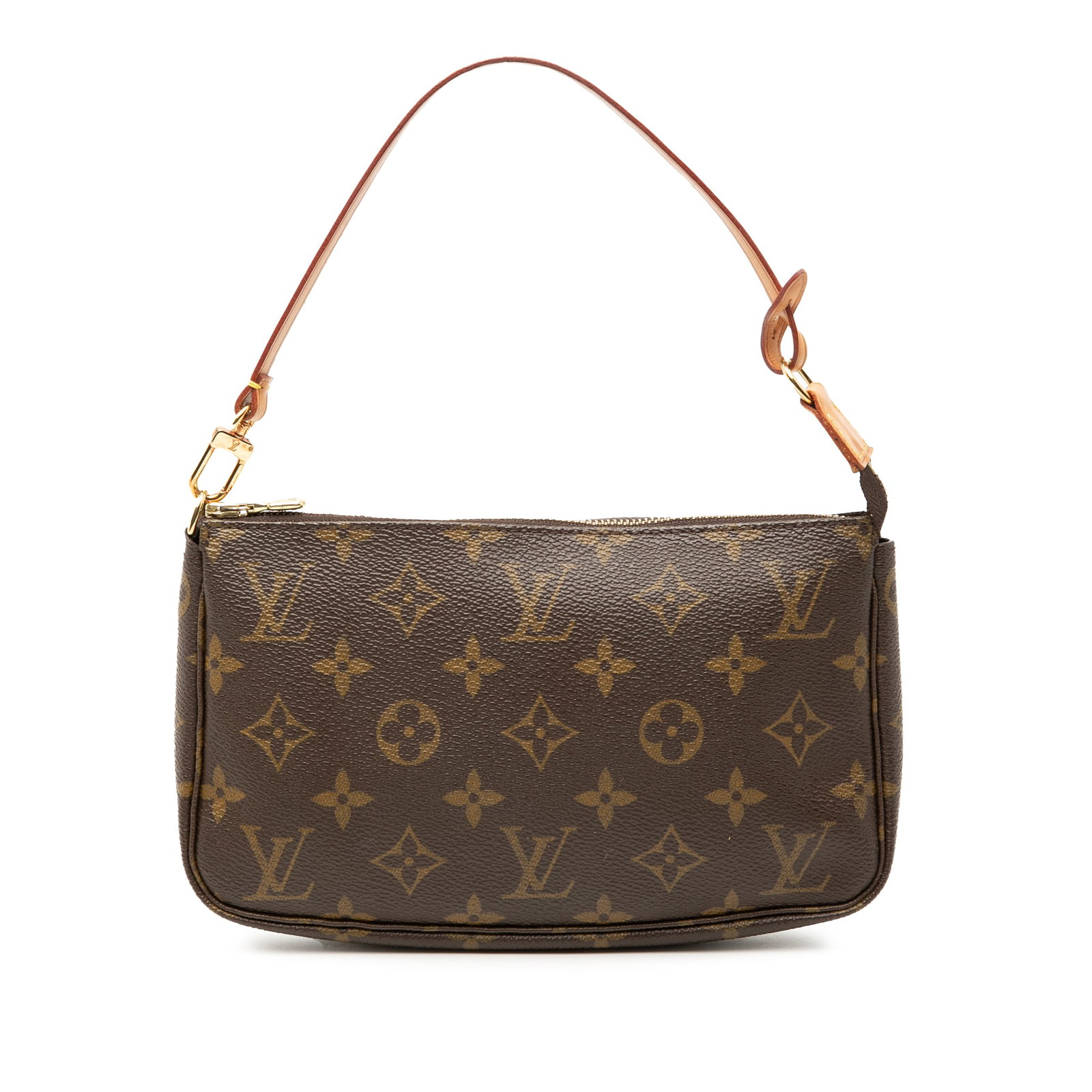 Louis Vuitton Pochette Accessoires Bag in Monogram Canvas with Leather Strap: Louis Vuitton Pochette Accessoires Bag in Monogram Canvas with Leather Strap This Louis Vuitton Monogram Pochette Accessoires features the iconic monogram canvas body, complemented by a flat vachetta 
