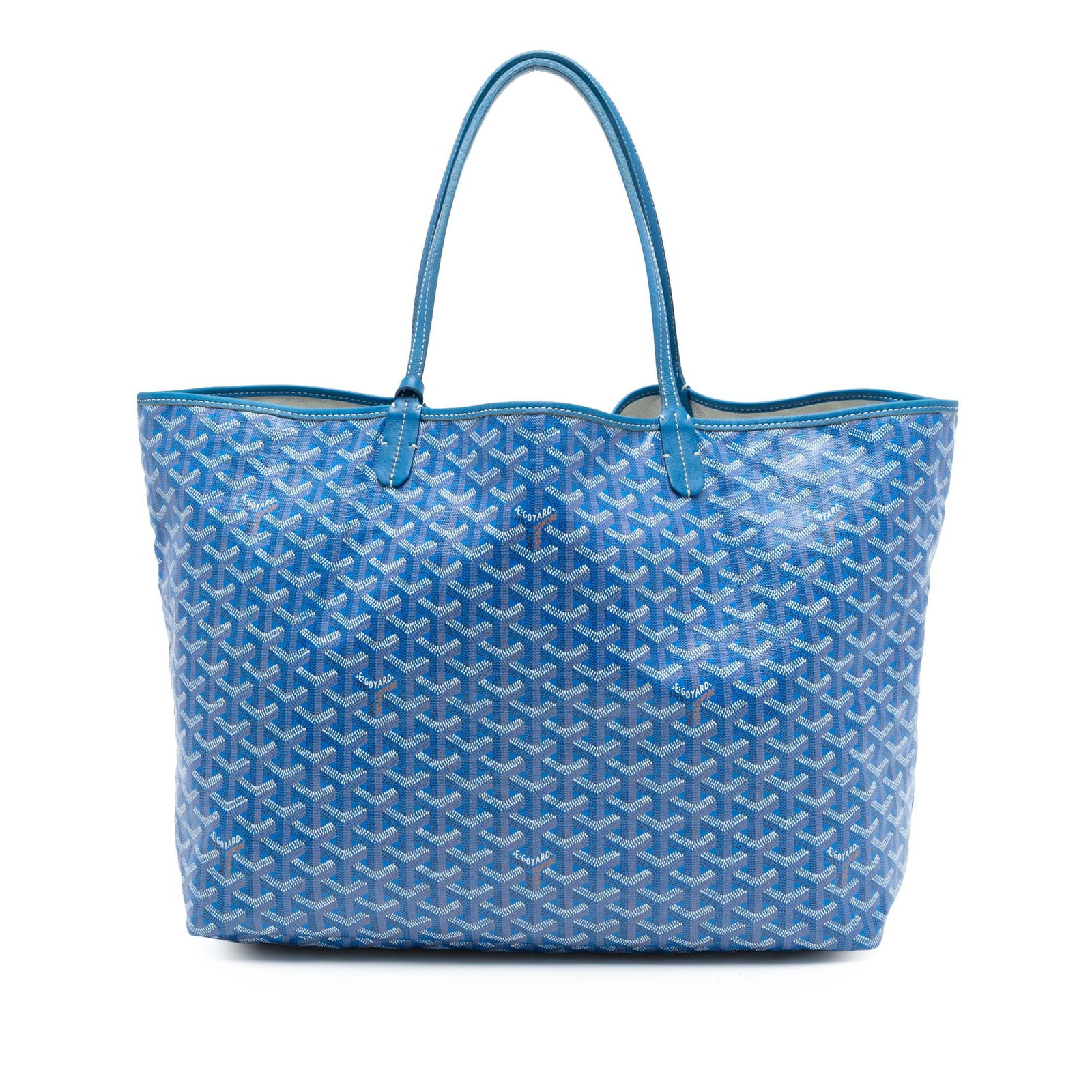 Goyard Saint Louis GM Blue Tote with Pouch: Goyard Saint Louis GM Blue Tote with Pouch This Saint Louis GM tote features a coated canvas body with a signature pattern, flat leather handles, an open top design, and comes with a detachable flap p