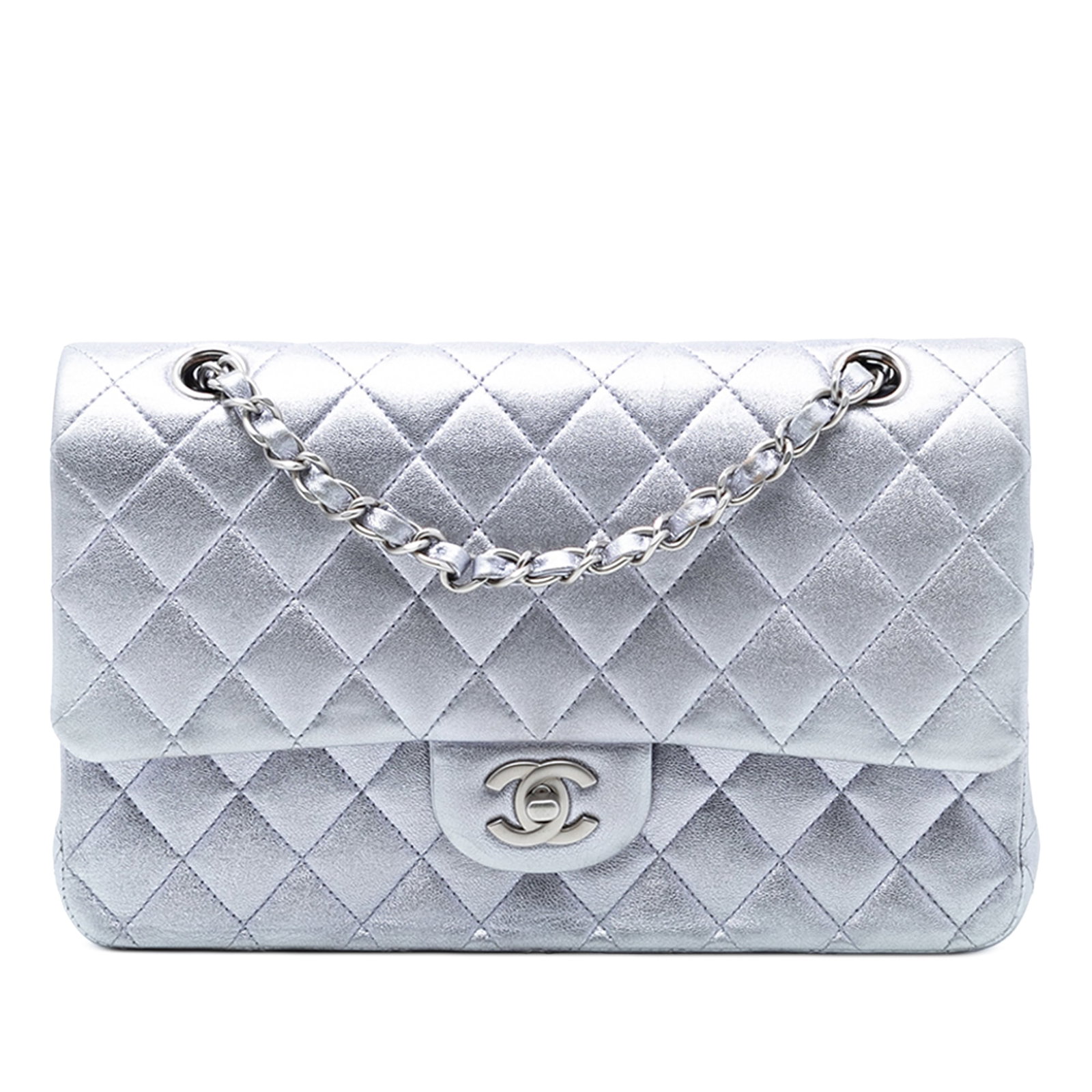 Chanel Silver Quilted Lambskin Medium Double Flap Classic Shoulder Bag: Chanel Silver Quilted Lambskin Medium Double Flap Classic Shoulder Bag This Chanel Medium Classic Flap bag is crafted from quilted metallic lambskin leather in silver. It features a leather-woven chai