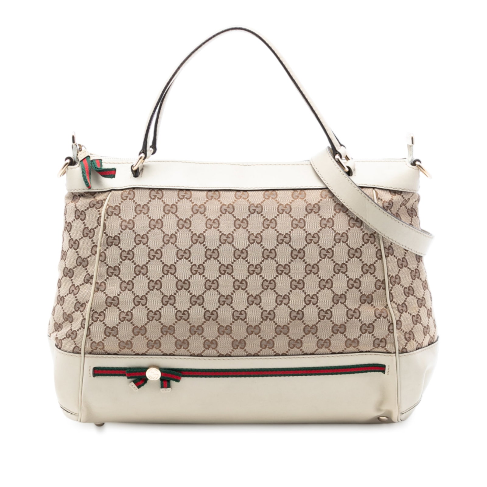 Gucci Mayfair Satchel Beige Canvas with Leather Trim and Web Detail: Gucci Mayfair Satchel Beige Canvas with Leather Trim and Web Detail The Gucci GG Canvas Web Mayfair Satchel features a beige canvas body with leather trim, flat leather handles, and a detachable flat 