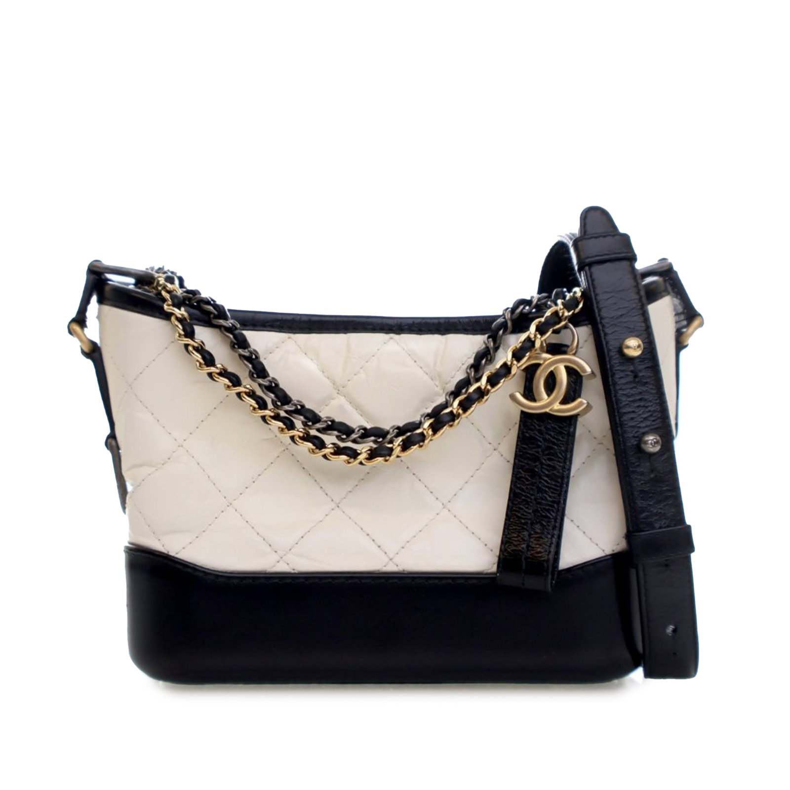 Chanel Gabrielle Small White Bicolor Aged Calfskin Quilted Crossbody Bag: Chanel Gabrielle Small White Bicolor Aged Calfskin Quilted Crossbody Bag This Chanel Small Bicolor Aged Calfskin Gabrielle Crossbody bag features a quilted leather exterior, an adjustable leather-wove