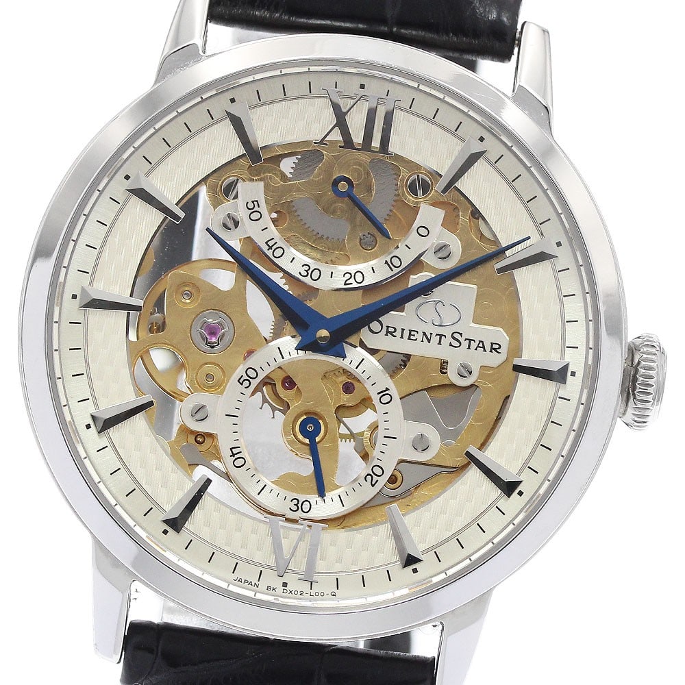 Orient Star Skeleton Manual Wind Power Reserve Men's Wristwatch: Orient Star Skeleton Manual Wind Power Reserve Men's Wristwatch This pre-owned ORIENT Star Power Reserve men's wristwatch features a stainless steel case and a leather band. The skeleton dial showcase
