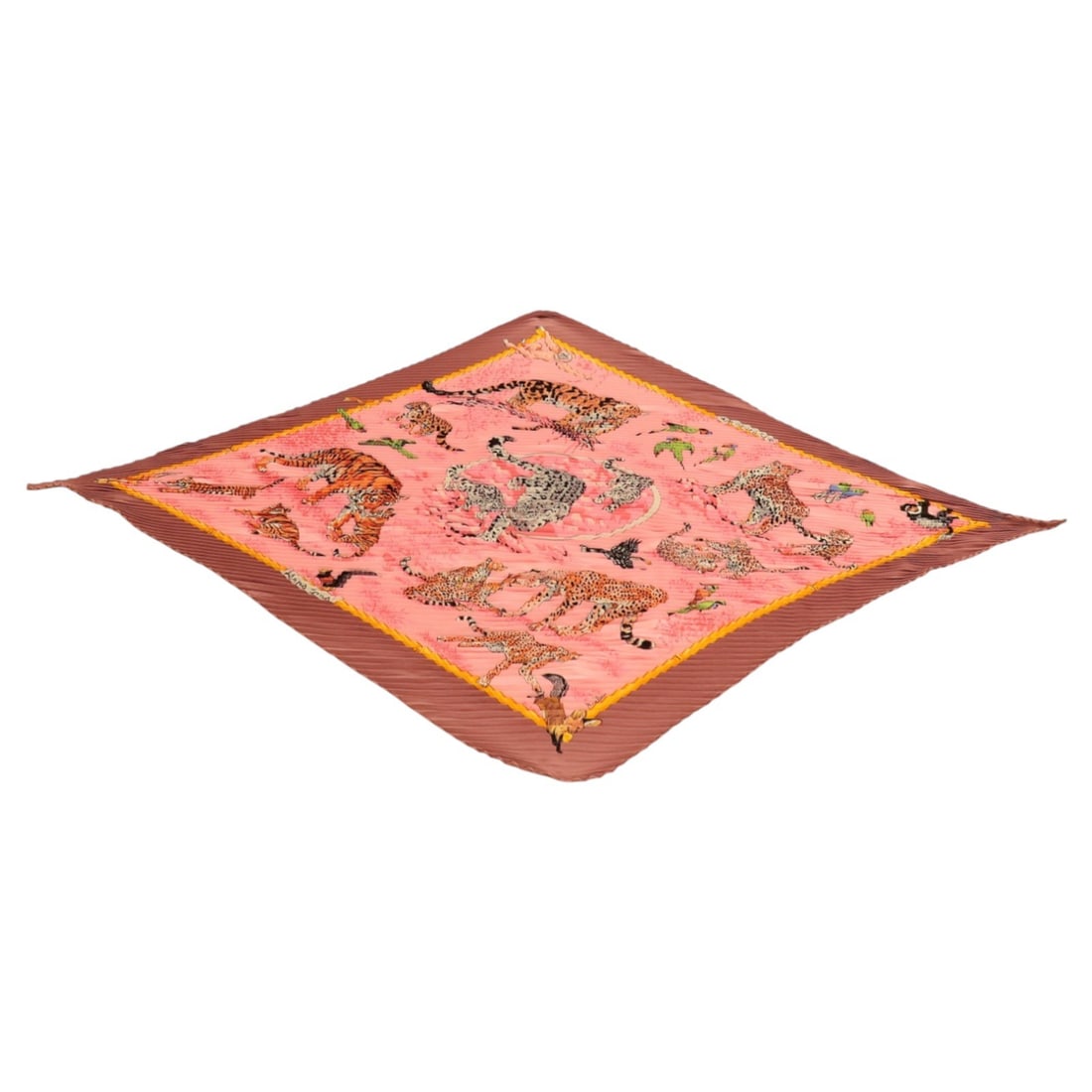 Hermes silk pleated triangle scarf in pink multicolor: Hermes silk pleated triangle scarf in pink multicolor This Hermes pleated triangle scarf is crafted from luxurious silk and features a vibrant pink, purple, and multicolor design. Designed for women, 
