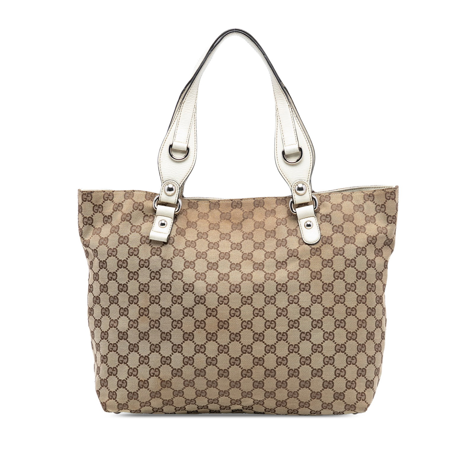 Gucci GG Canvas Medium Icon Bit Tote Bag with Leather Trim: Gucci GG Canvas Medium Icon Bit Tote Bag with Leather Trim This Gucci Medium GG Canvas Icon Bit Tote features a beige canvas body with leather trim, flat leather straps, an open top with a magnetic sn