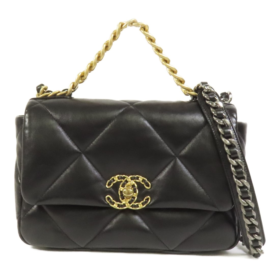 CHANEL 19 Small 2Way Shoulder Bag Black Lambskin GHW: CHANEL 19 Small 2Way Shoulder Bag Black Lambskin GHW This CHANEL 19 Small 2Way Shoulder Bag is a stunning accessory crafted from luxurious lambskin leather in a sleek black finish. Designed for versat