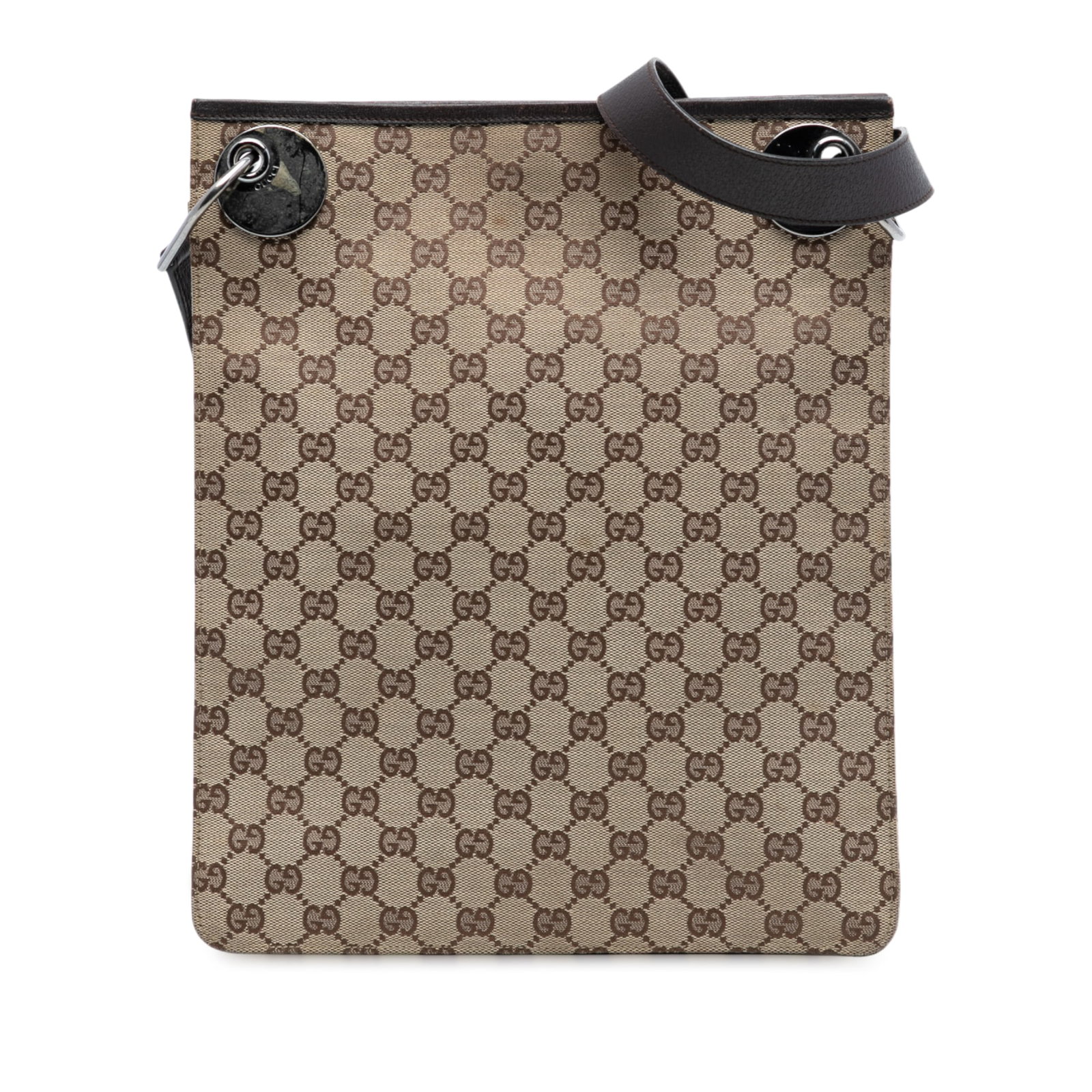 Gucci GG Canvas Eclipse Brown Crossbody Bag with Leather Trim: Gucci GG Canvas Eclipse Brown Crossbody Bag with Leather Trim The Gucci GG Canvas Eclipse Crossbody is crafted from durable canvas with leather trim and features an adjustable flat leather strap for c