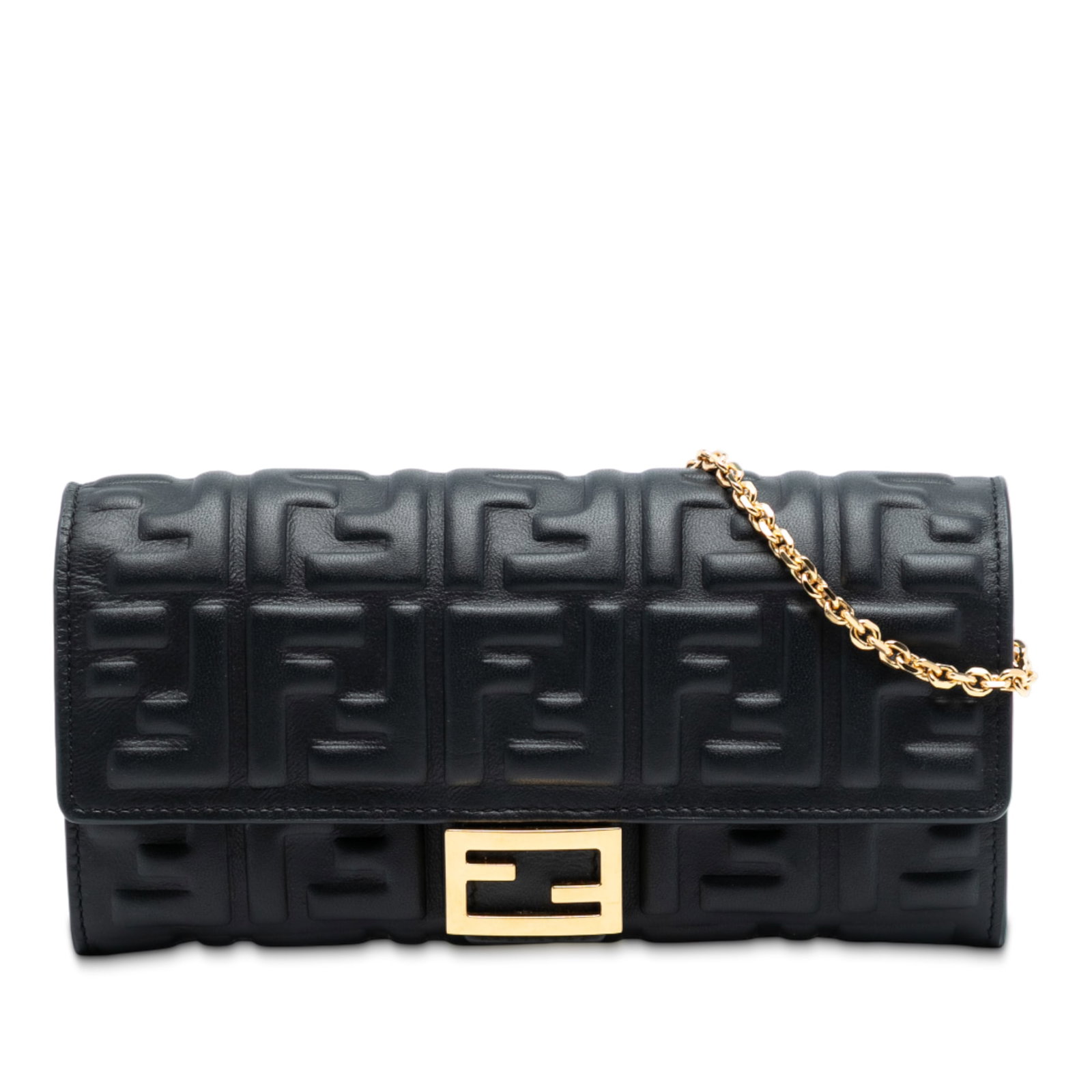 Fendi Zucca Leather Baguette Chain Continental Crossbody Wallet: Fendi Zucca Leather Baguette Chain Continental Crossbody Wallet This Fendi Zucca Embossed Nappa Baguette Continental Wallet features an embossed leather exterior in black, designed with a front flap a