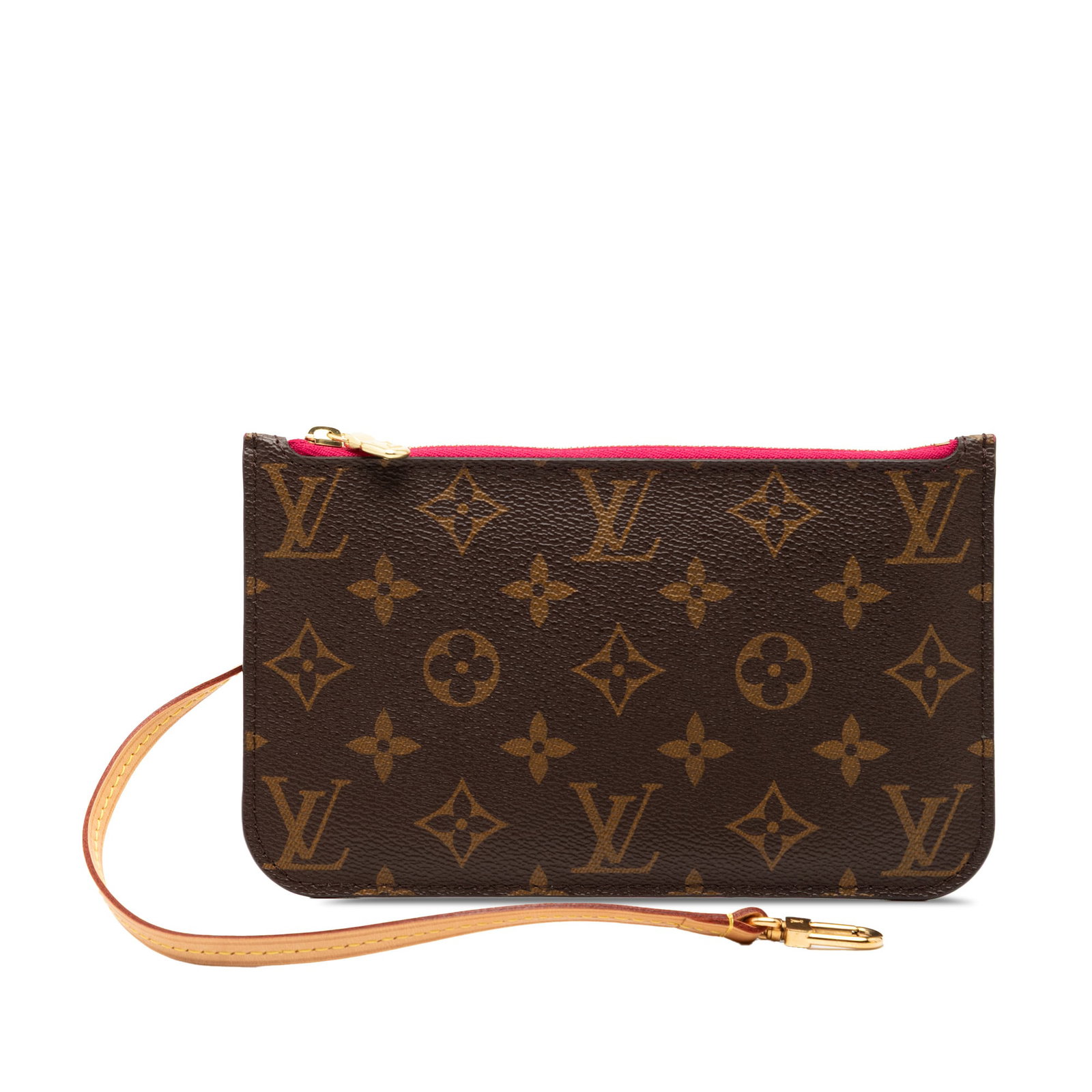 Monogram Canvas Neverfull PM Wristlet by Louis Vuitton: Monogram Canvas Neverfull PM Wristlet by Louis Vuitton This Louis Vuitton Monogram Neverfull Pouch PM features the iconic monogram canvas exterior, complemented by a flat vachetta leather wrist strap 
