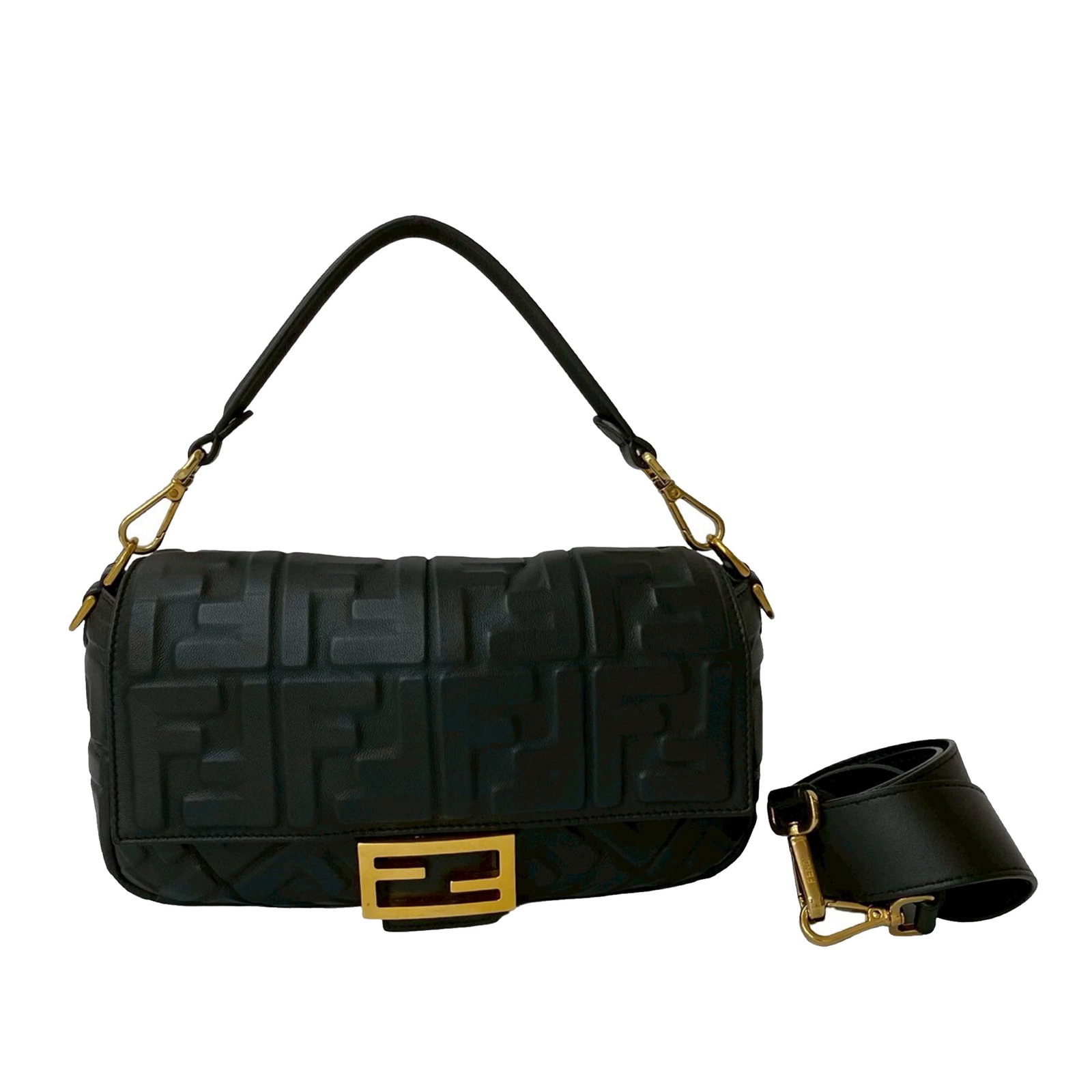 Fendi Zucca Black Embossed Leather Baguette Shoulder Bag with Strap (1 of 9)