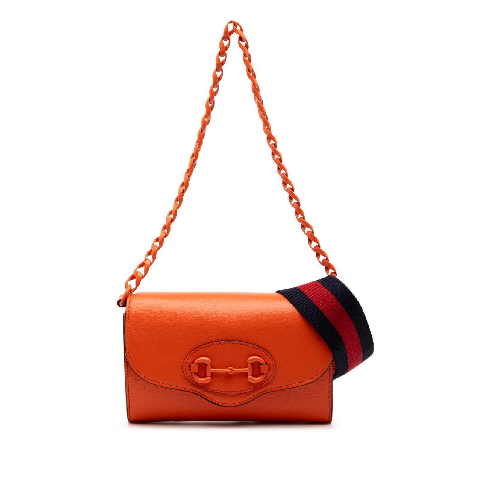 Gucci Horsebit 1955 Web Mini Orange Leather Crossbody Bag: Gucci Horsebit 1955 Web Mini Orange Leather Crossbody Bag This Gucci Mini Leather Horsebit 1955 Web Crossbody bag features an orange leather body, a detachable chain link strap, and a detachable flat 