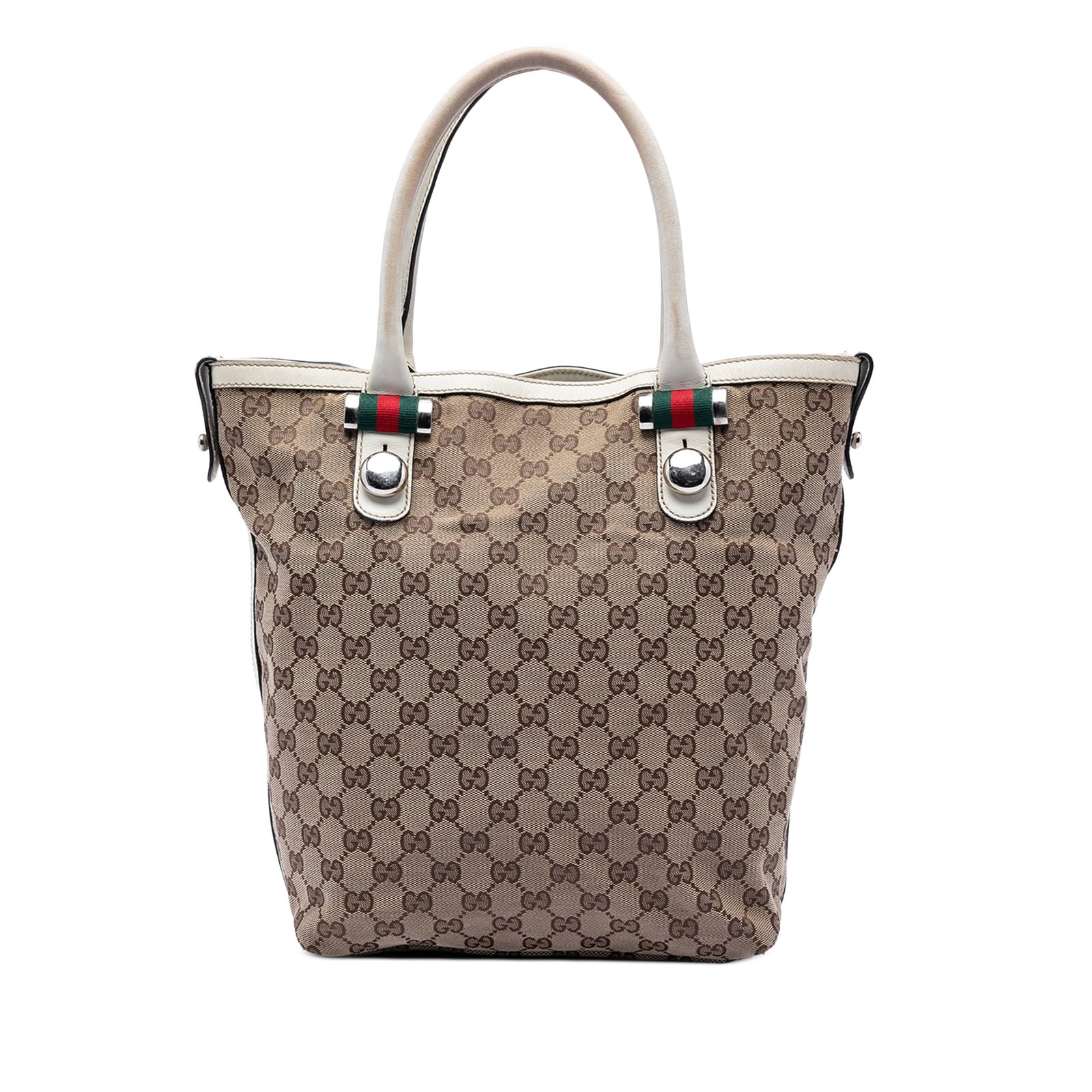 GG Canvas Web Match Ball Tote Bag by Gucci with Leather Trim: GG Canvas Web Match Ball Tote Bag by Gucci with Leather Trim This Gucci GG Canvas Web Match Ball Tote features a beige canvas body with leather trim, rolled leather handles, an open top with a magneti