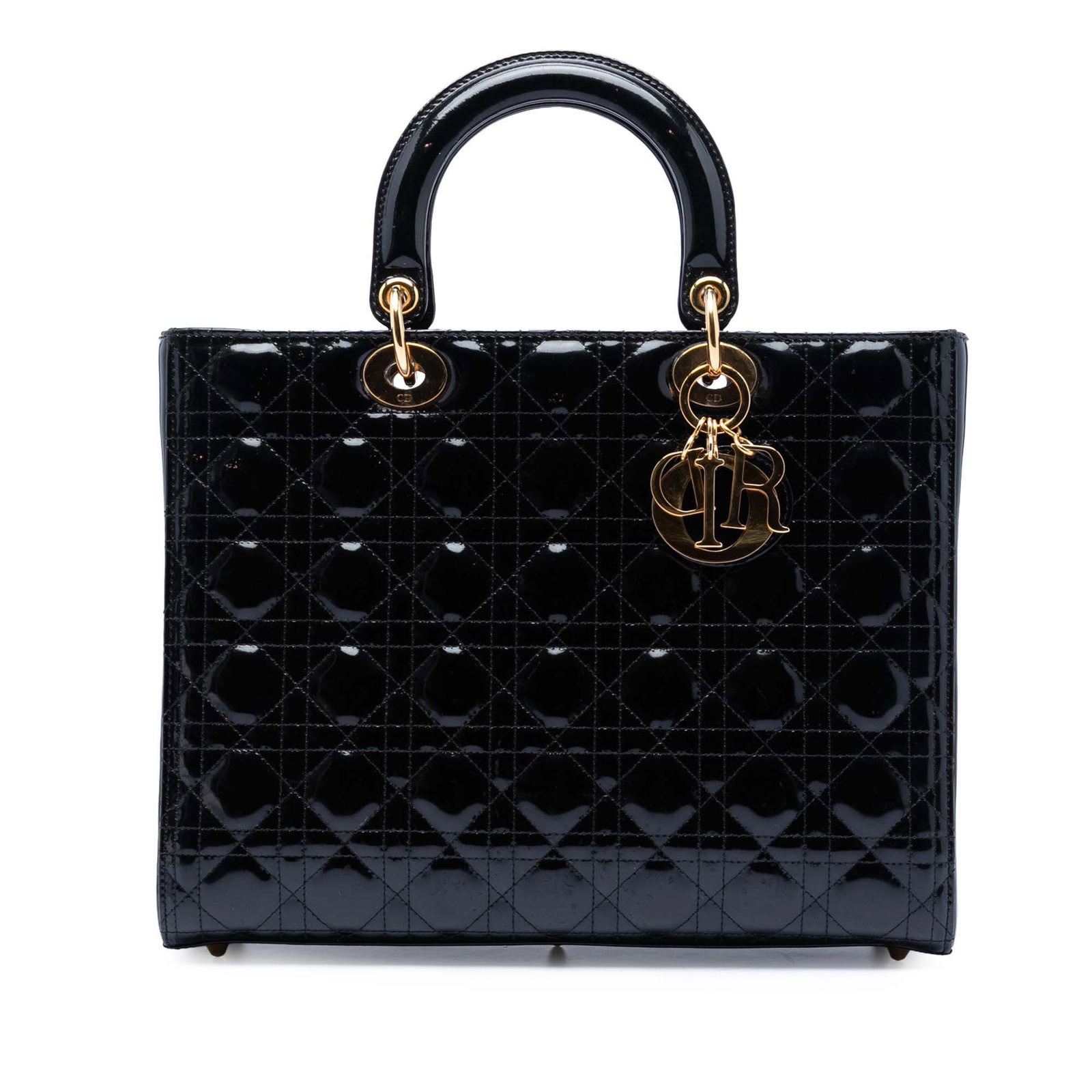 Dior Lady Dior Black Patent Cannage Leather Large Tote Bag: Dior Lady Dior Black Patent Cannage Leather Large Tote Bag This Lady Dior bag features a quilted patent leather exterior in black, flat leather top handles, a top zip closure, and an interior zip pock