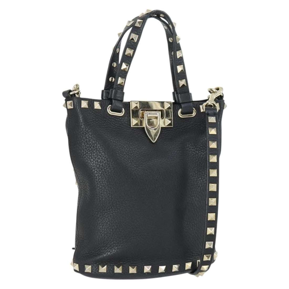 Valentino Black Leather Handbag with Gold Accents and Shoulder Strap: Valentino Black Leather Handbag with Gold Accents and Shoulder Strap This Valentino hand bag features a versatile two-way design crafted from black leather with gold-tone accents. The bag includes bot